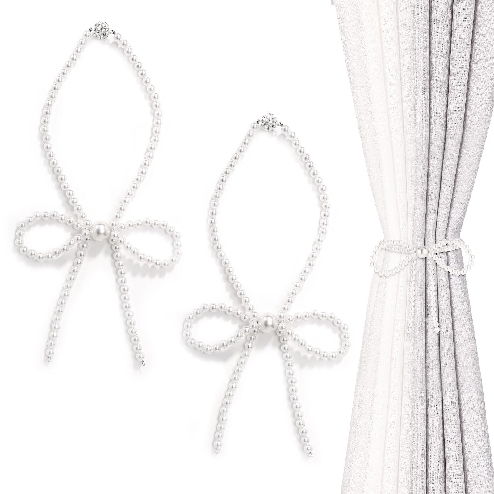 2pcs Bow Magnetic Curtain Tiebacks, White Pearl Curtain Tie Backs Magnet Curtain Tiebacks Holders Elegant Curtain Holdbacks for Draperies Home Hotel Curtain Accessory Decoration