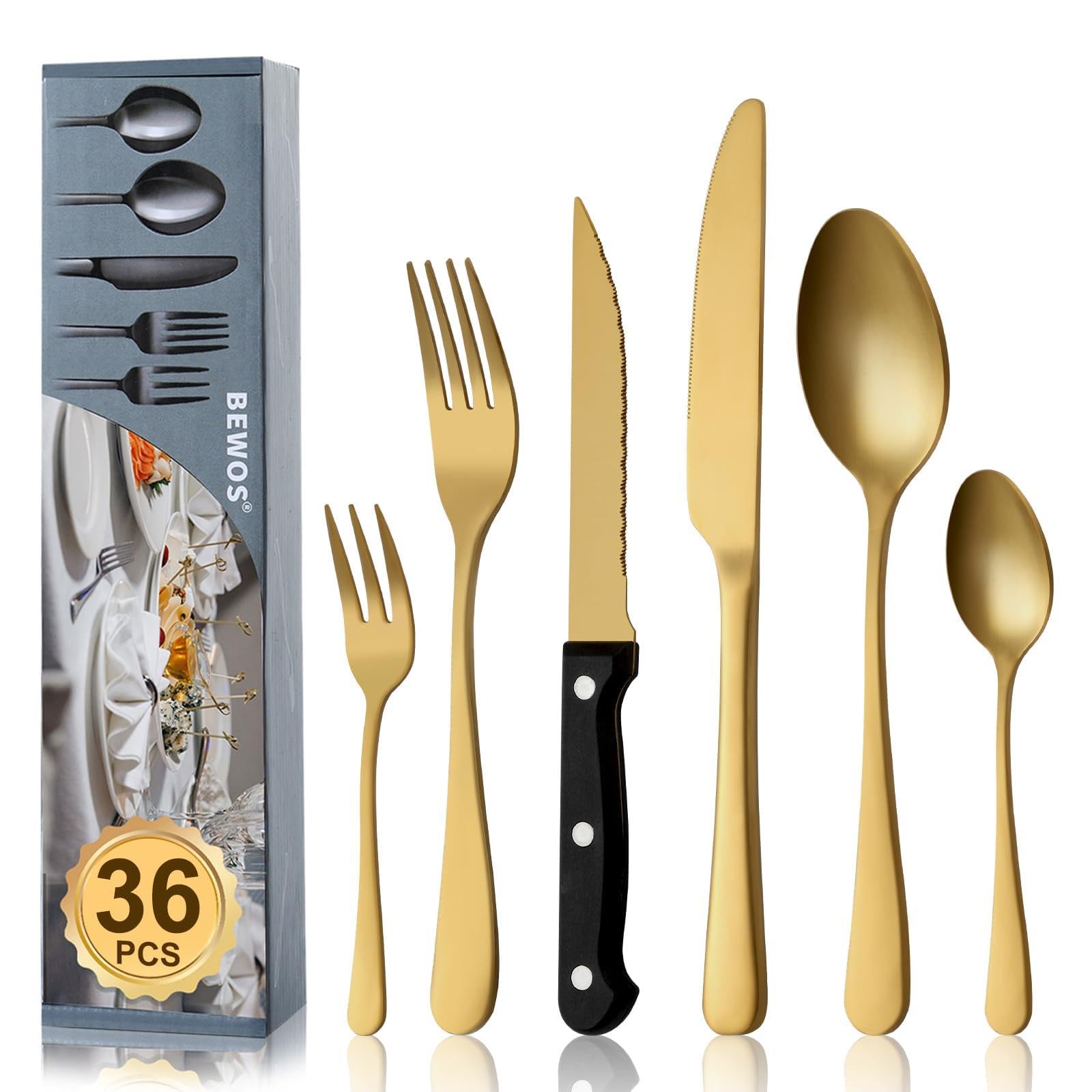 BEWOS Juego de Oro cubiertos para 6 personas, cuberteria acero inoxidable de 36 piezas con cuchillos para carne, Cuchillo Cuchara Tenedor Cubiertos Set Espejo Pulido, Apto para Lavavajillas