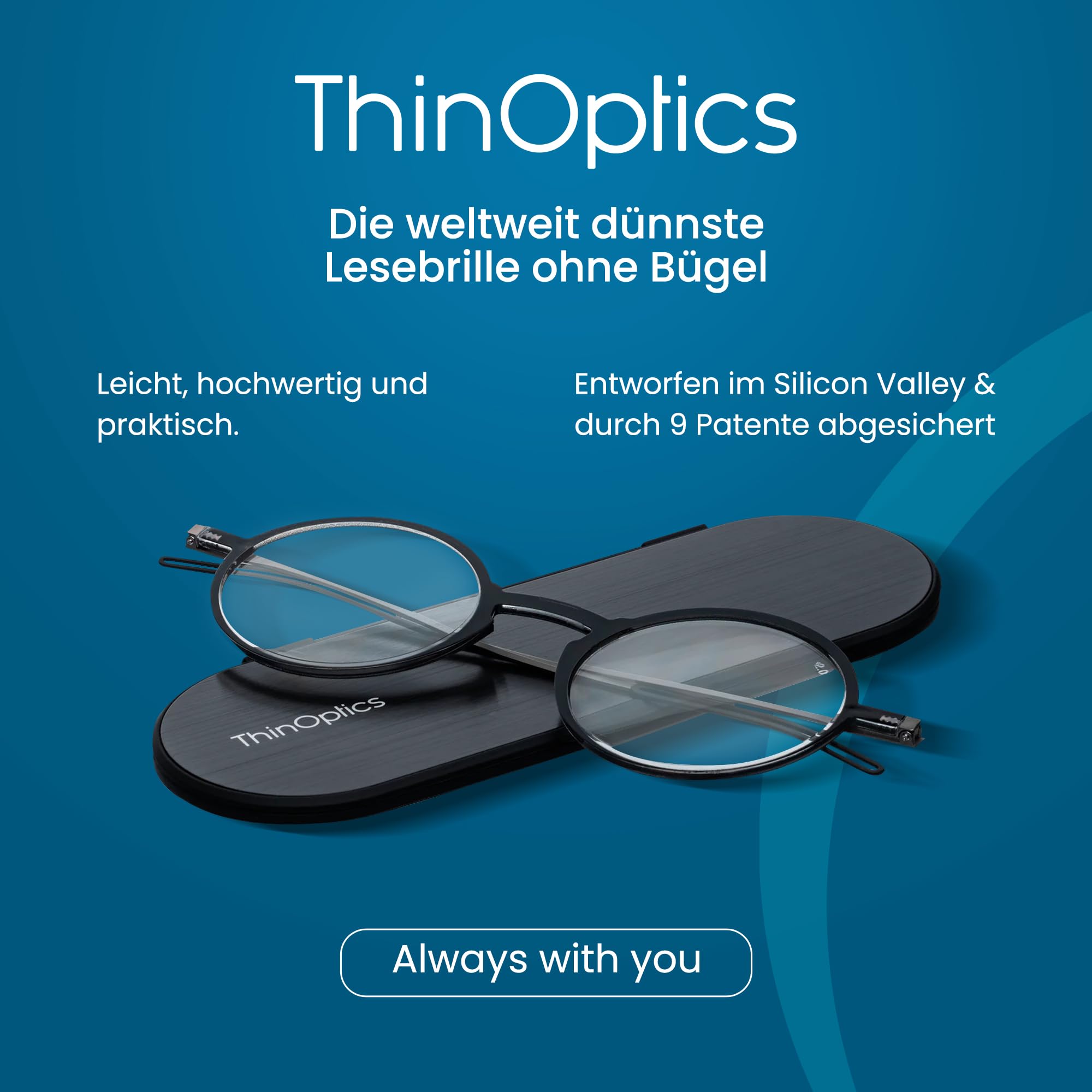 ThinOptics Manhattan Lesebrille, rund, Unisex, Herren und Damen, ultradünn, kompakt und leicht – inkl. magnetischem Etui Milano | Ultraleichte Lesehilfe ohne Bügel im flachen Etui, das am Handy haftet, für unterwegs, im Taschenformat, kratzfeste Linsen
