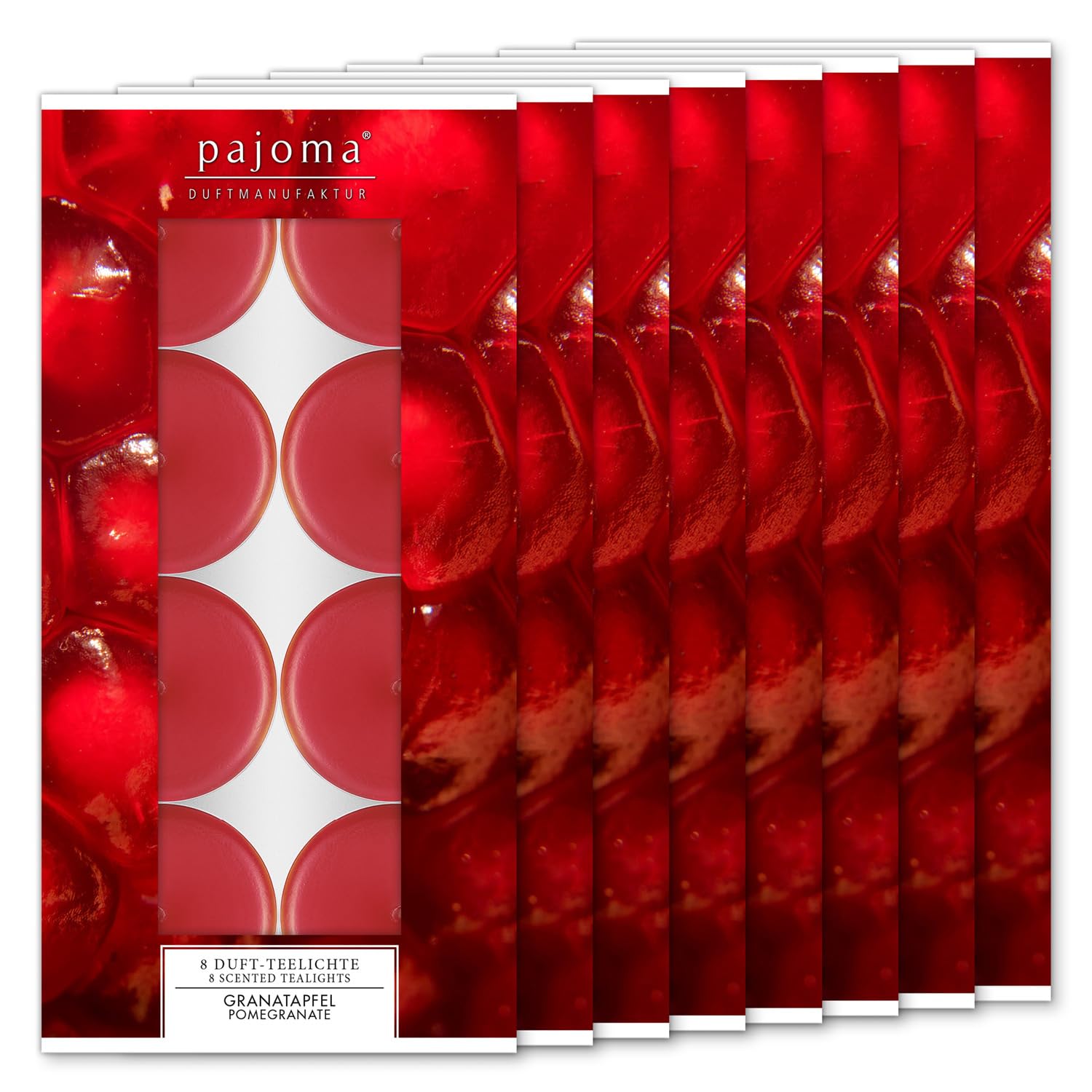 pajoma® Confezione da 8 lumini a forma di mela – cannella | 64 candele profumate in custodia in policarbonato, durata circa 4 ore – altezza 1,5 cm 3,5 cm | qualità premium | decorazione