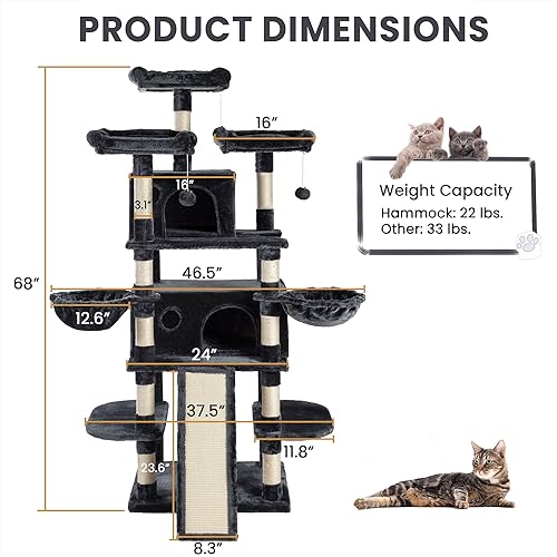 Miniatura 6 de SHA CERLIN Árbol de gato grande de 68 pulgadas para múltiples gatos con condominio para gatosacogedoras perchas de felpa para gatospostes de sisal y