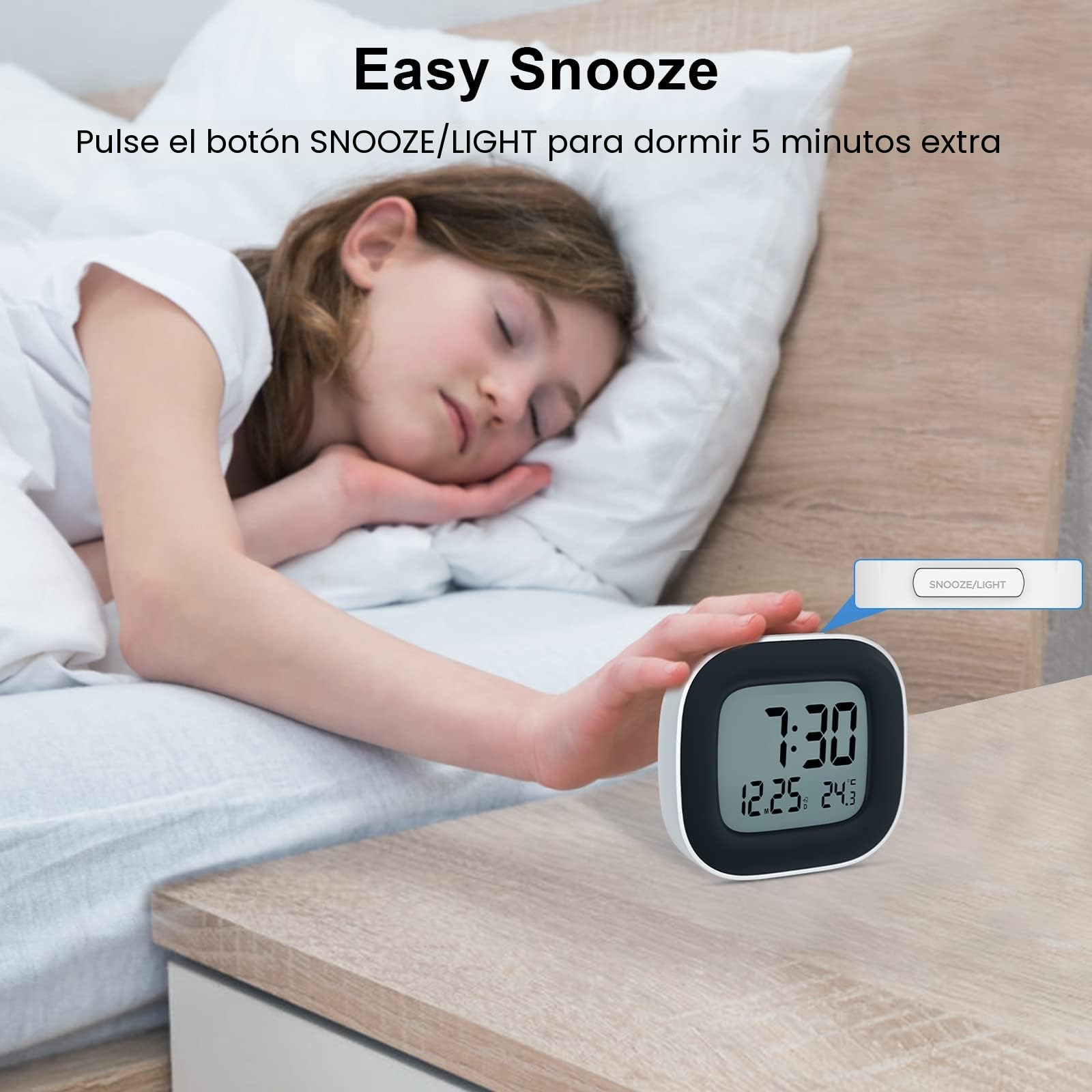 Despertador Digital Pilas Reloj Despertador Digital Pequeño con Luz, Despertador Inteligente con Temperatura Fecha y Zumbador Fuerte, Siesta, para Viajes Dormitorio (2 Baterías AAA Incluidas)