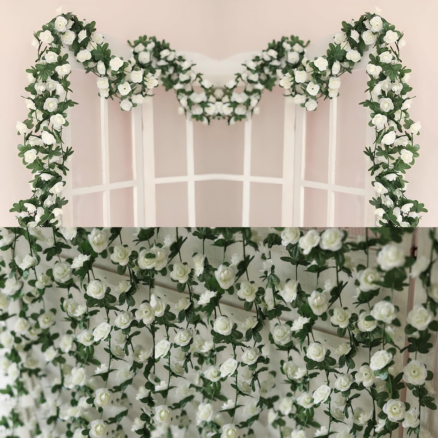 6 PCS White Flower Garland, 49FT Small Rose Garlands White Floral Garland Artificial Flower Backdrop Wedding Arch Decor, Fake Flowers Vines for Anniversary Birthday Party Table