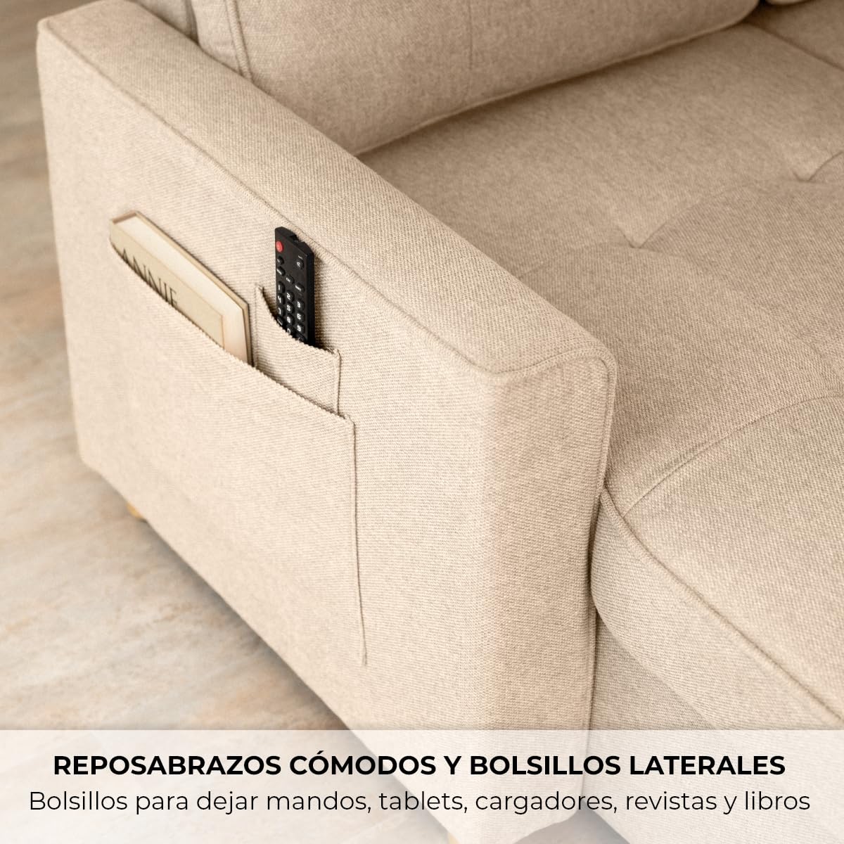 Nalui - Sofa Cama Chaise Longue Haven 213x129x81cm Reversible con Arcón de 127,6L. Sofa de Salon 3 Plazas Convertible en Cama de 122 x 190 cm. Incluye Bolsillos y Tejido 360º, Beige