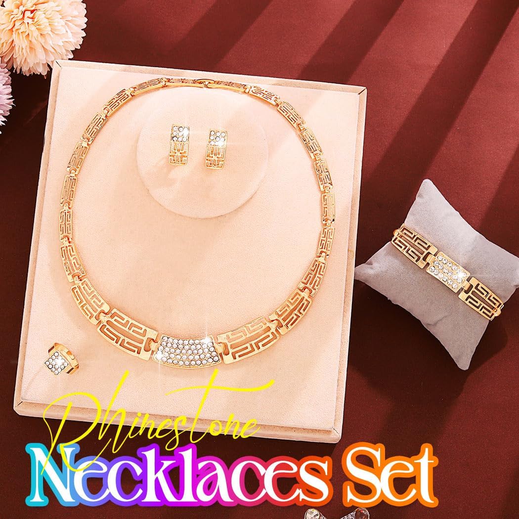 Aukmla Gold Jewelry Set Rhinestone Necklace Earrings Bracelet Ring Sets Prom Costume Jewelry for Women - Image 2