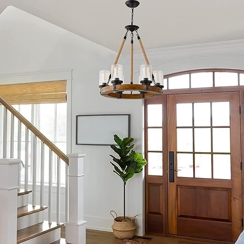 Miniatura 4 de Wagon Wheel - Candelabro de 6 luces para comedor lámpara de madera redonda con pantalla de cristal lámpara de techo colgante rústica para sala de