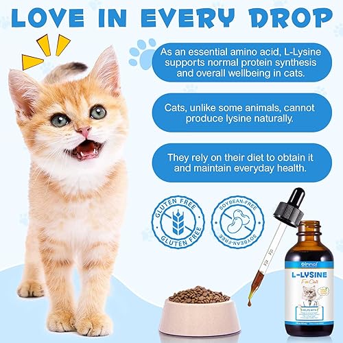 Miniatura 9 de Suplemento de L-lisina para gatos, gotas líquidas de L-lisina para gatos para apoyo inmunológico, respiratorio felino, estornudos, secreción nasal,