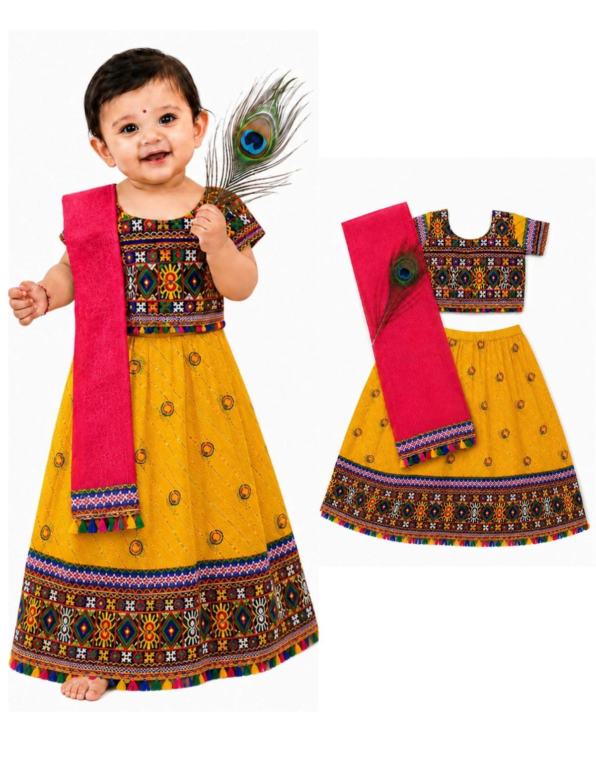 BookMyCostume Radha Dress for Baby Girl | Janmashtami Radha Costume for Girls with Dupatta & Morpankh | Radha Rani dress for Baby Girl | Fancy Dress Costume for Role Plays & Festival | 6-12 Months