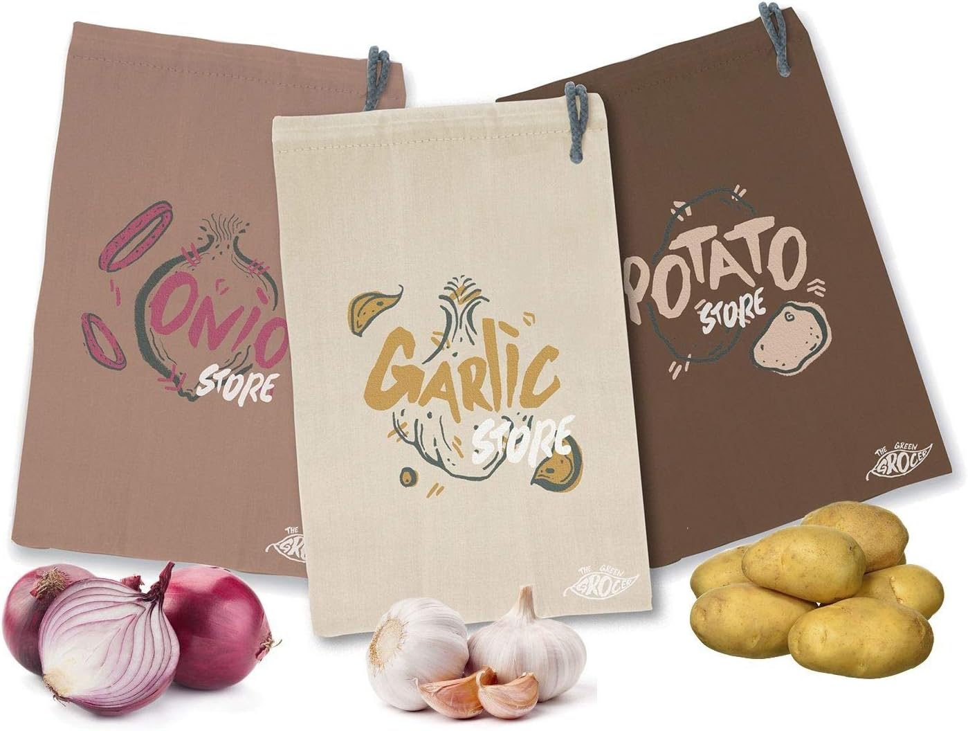 Green Grocer Set of 3 Vegetable Storage Bags | Cotton Kitchen Potato Onion Garlic Bag Keep Veg Fresh for Longer