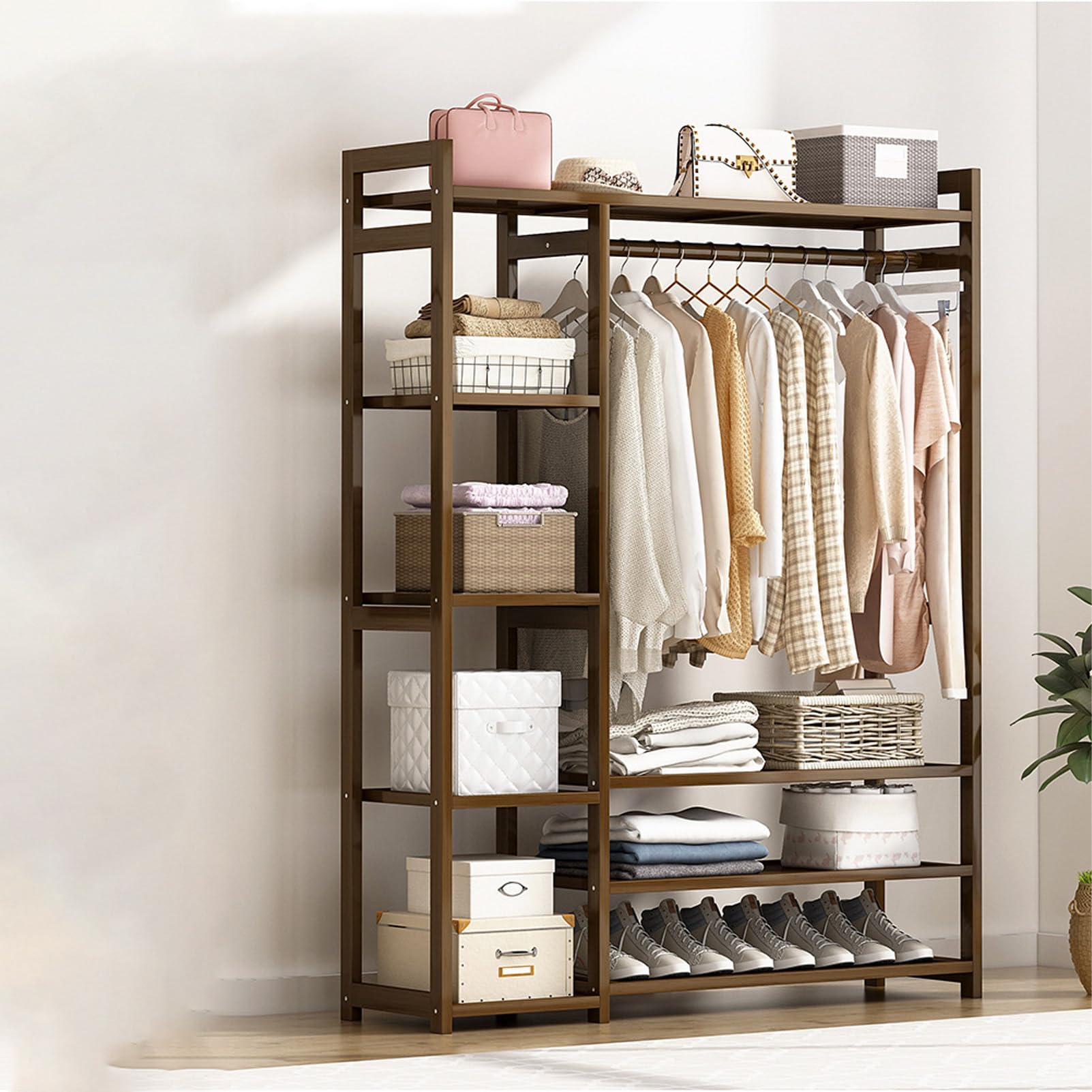 Pnpaea Bamboo Clothes Rail, Garment Rack with Storage Shelves Back and Tidy Rail, Open Wardrobe Closet, Clothing Rack for Bedroom Hallway B(110mm)