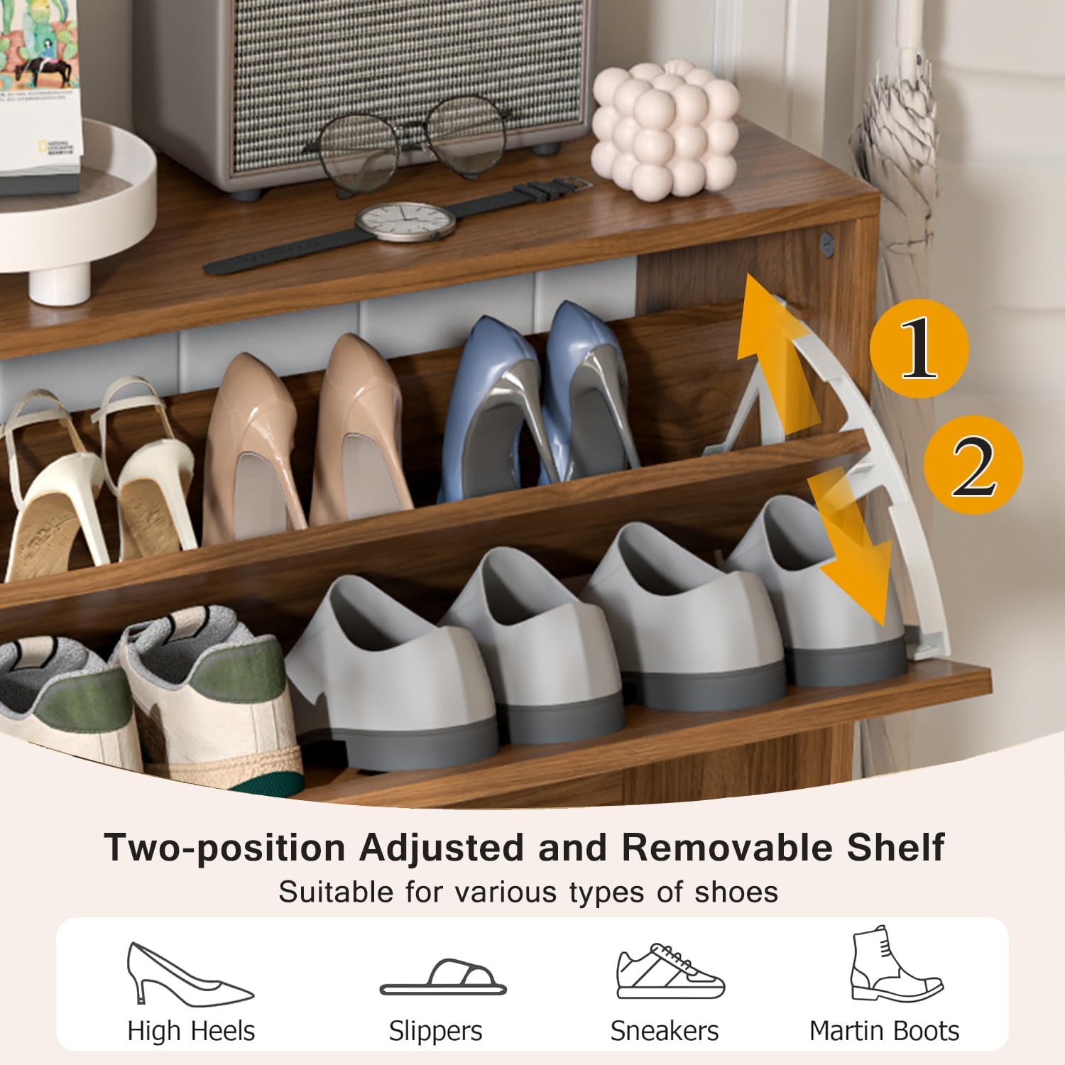Fsbecl Shoe Storage Cabinet for Entryway with 2 Fluted Flip Drawers, Walnut | Narrow Design, Freestanding Shoe Rack with Adjustment Shelves, Wooden Hidden Organizer for Hallway Foyer, 12-16 Pairs