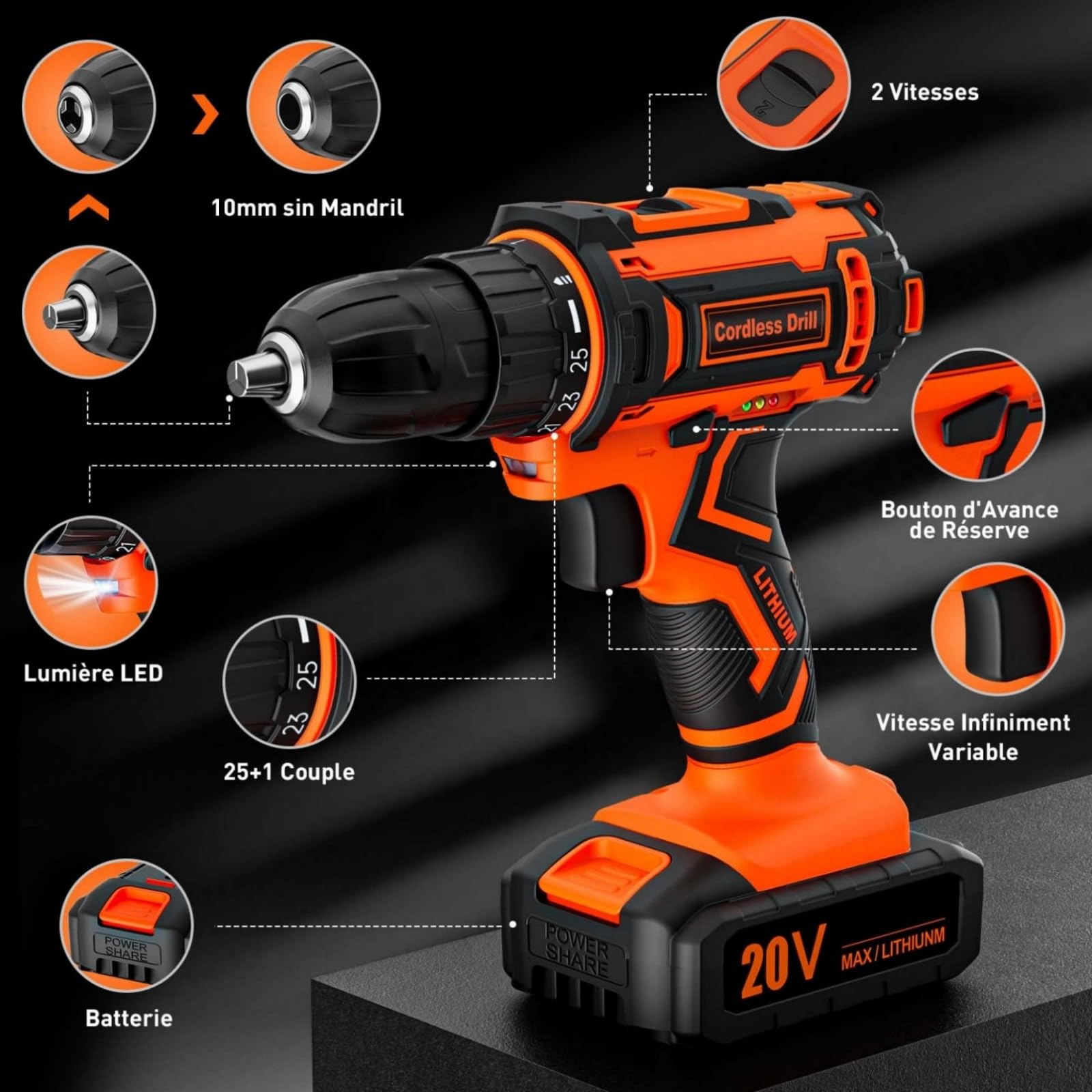 Perceuse Visseuse Sans Fil 20V, Visseuse Devisseuse Sans Fil avec 2 Batteries 2.0Ah, 42Nm, 25+1 Réglages de Couple, 2 Vitesses, LED, 24 Accessoires et Valise, pour la Bricolage