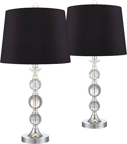 360 Lighting Solange - Juego de 2 lámparas de mesa de lujo modernas de 25 pulgadas de alto, acabado plateado, cristal apilado, pantalla negra, sala