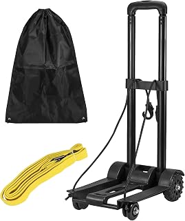 Folding Hand Truck, JEUIHAU 88 Lbs Capacity 4 Wheels Heavy Duty Roll Luggage Cart with Bungee Cord and Bag, Portable Luggage Cart for Travel, Shopping Moving, Luggage, Office