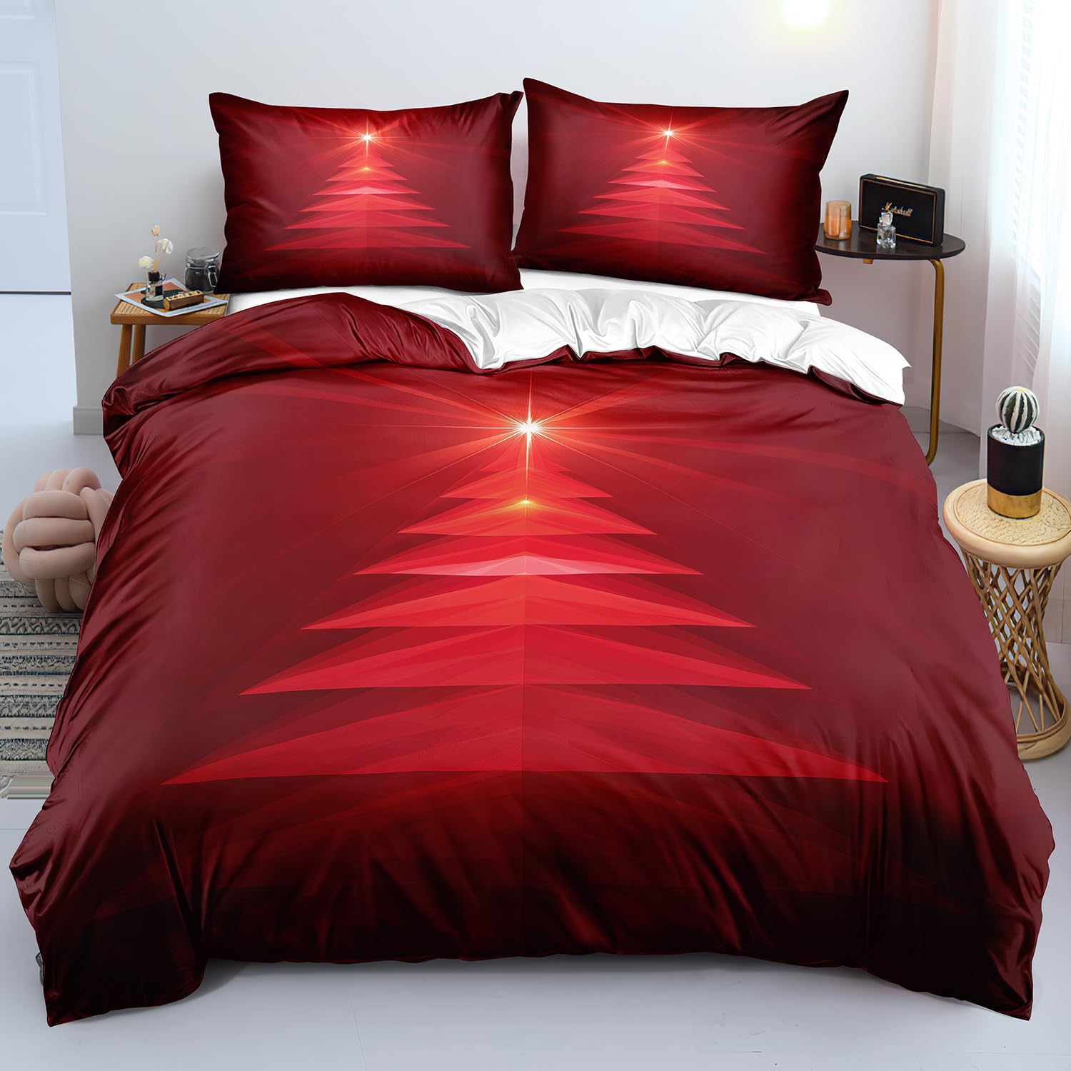 Parure de lit sapin de Noël rouge housse de couette 260x240 grand lit et linge de lit de fête