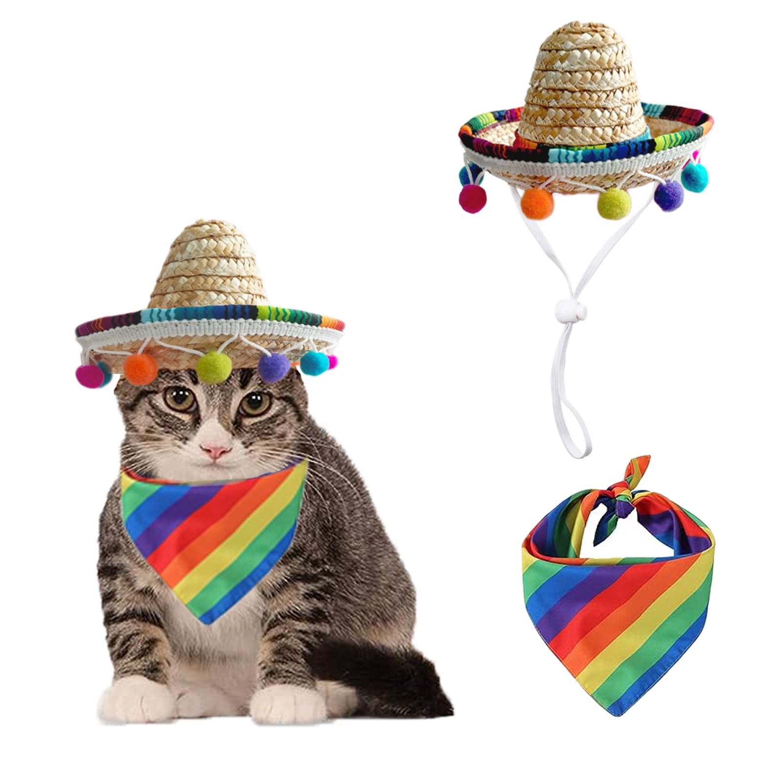 Cat Sombrero Cat Hats Bandana Scarf Rainbow Scarf Pet Straw Hat Cinco De Mayo Pet Hats Mini Sombrero Hat for Cat Puppy Small Dog Party/Birthday/Photo(