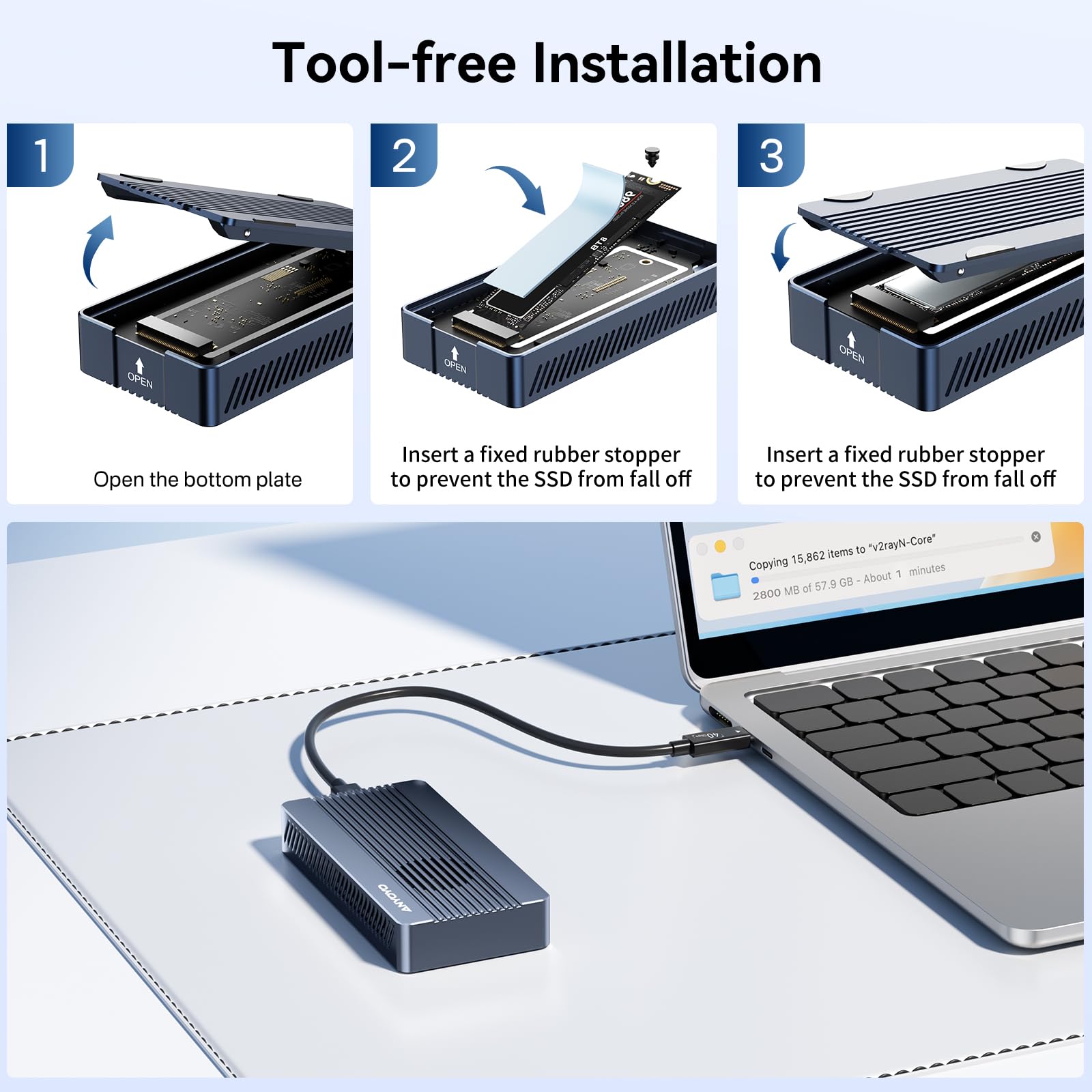 40Gbps M.2 NVMe SSD Gehäuse mit Lüfter, ANYOYO NVMe Gehäuse für Thunderbolt 4/3 kompatibel für PCIe 2280 M-Key (B+M Key), USB C Aluminium SSD Gehäuse kompatibel für USB 4/3,2/3,1/3,0/2,0(TBU405Pro M1)