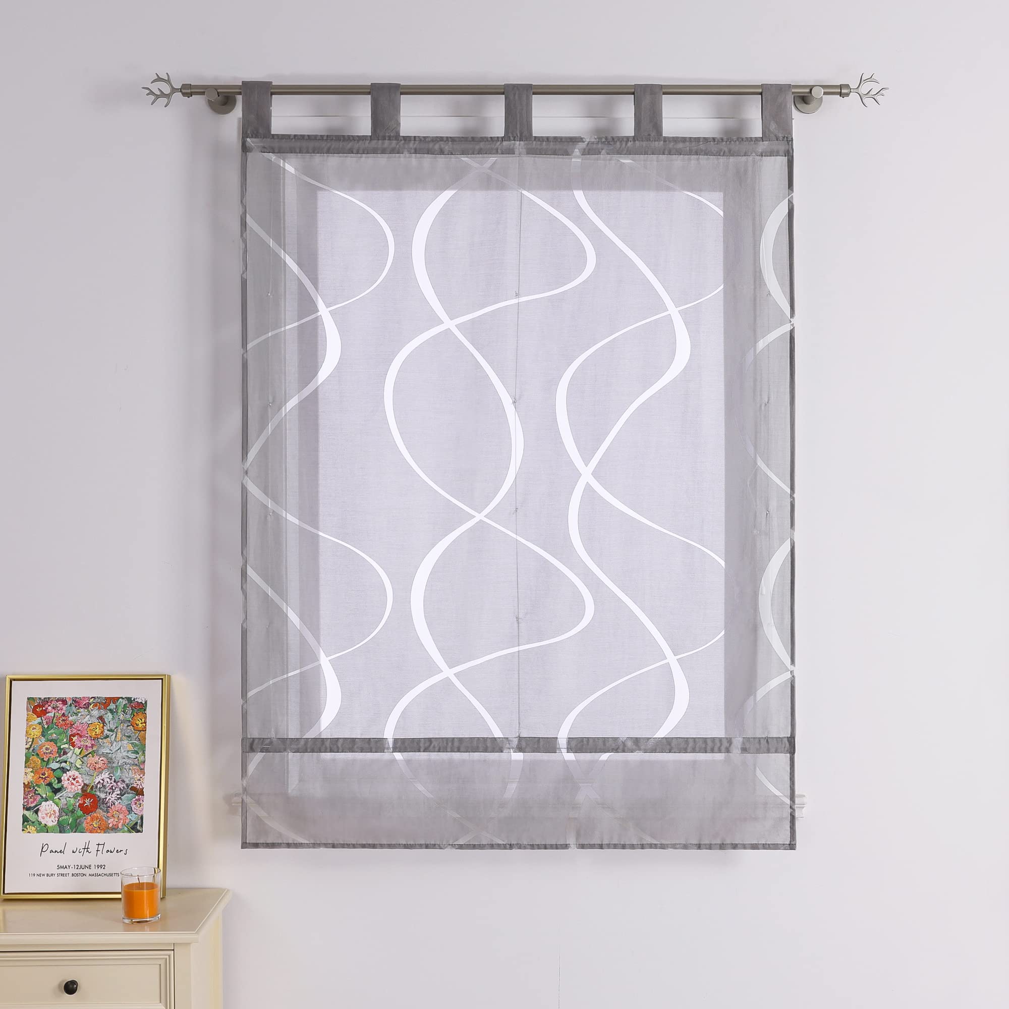 CORLIF Roman Blind Burnout Curtains Kitchen Roman Curtains Country House Transparent Loop Blind with Wave Pattern Short Curtain Modern Blinds with Loops Grey W x H 100 x 140 cm 1 Piece - Image 2