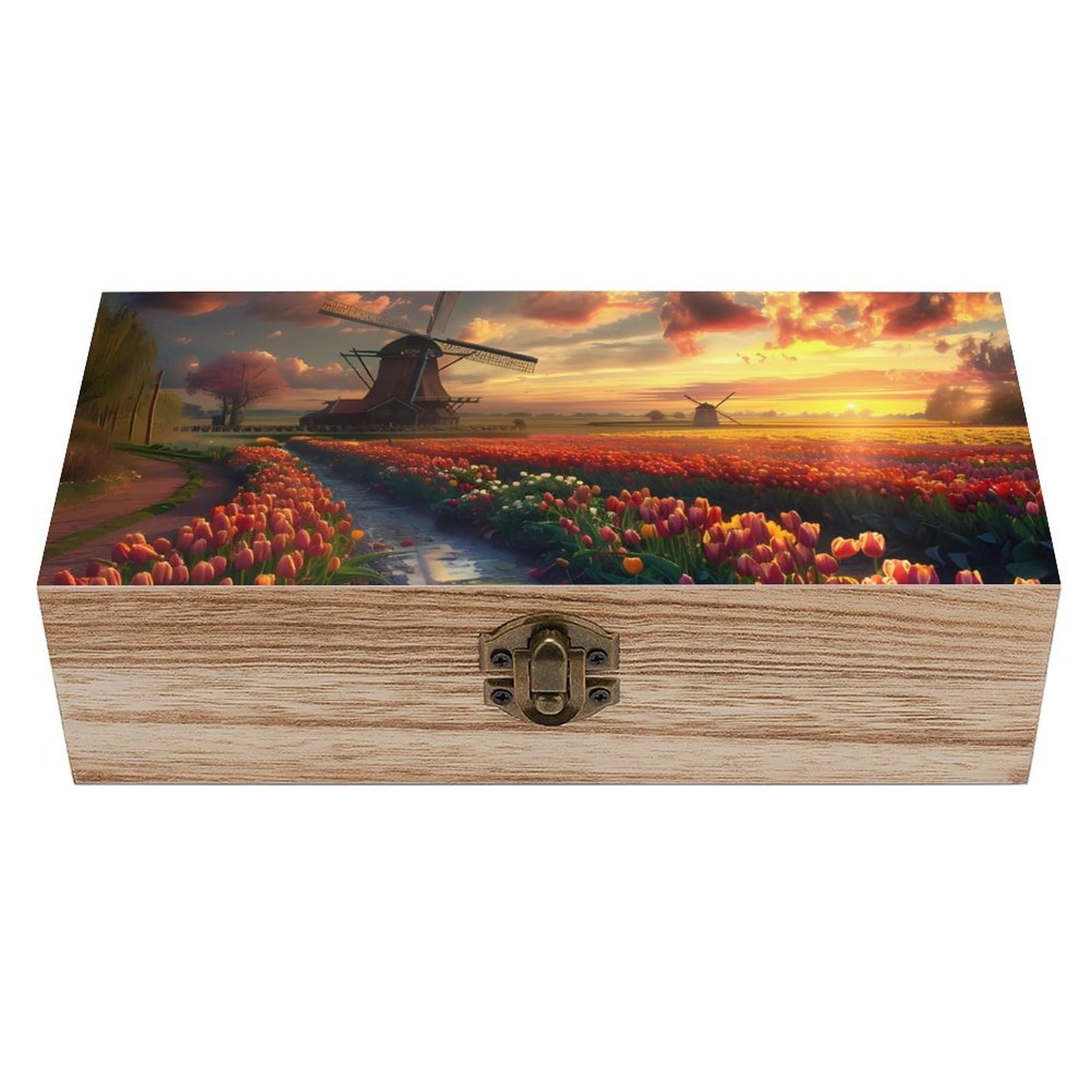 Cgsbngha Style Vibrant Tulips Field With Dutch Windmills Wooden Storage Boxes With Lid Memory Box Decorative Organiser For Office And Home