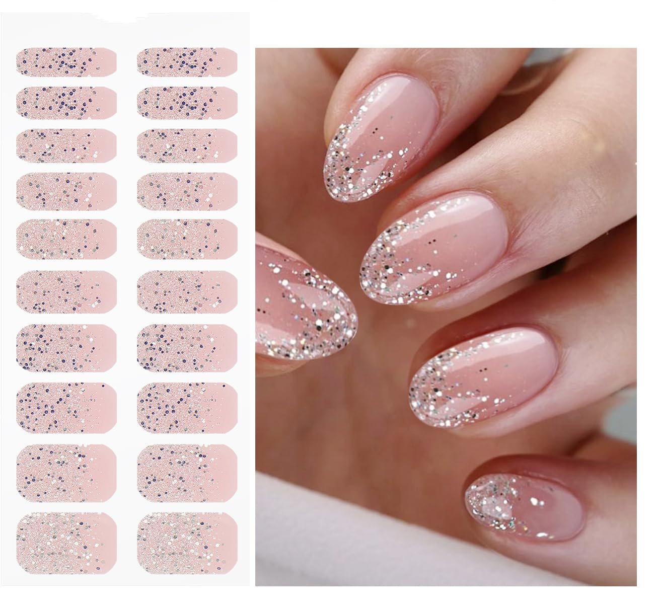 JMEOWIO Gel Nail Stickers Glitter Light Pink Cured Gel Nail Strips Wraps UV/LED