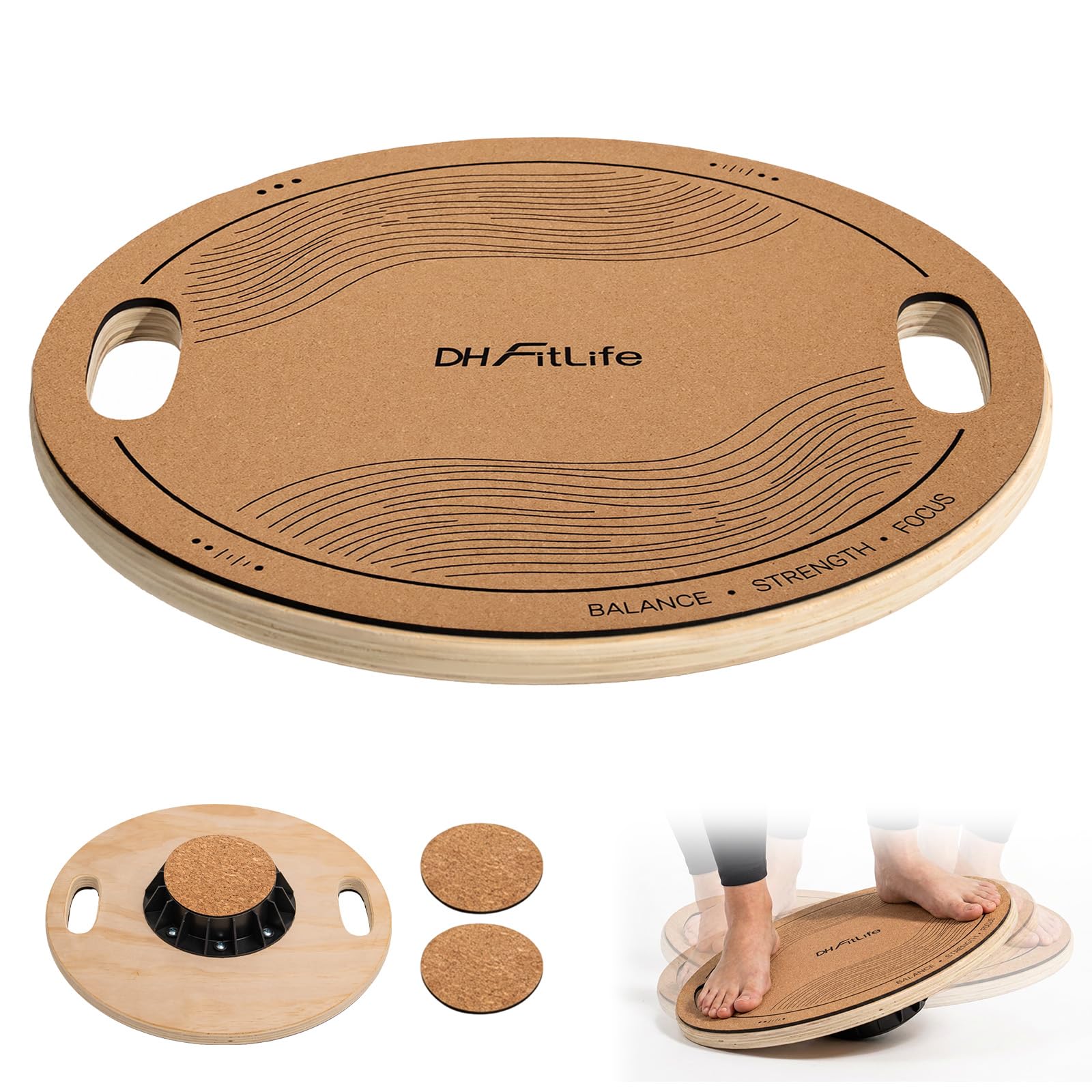 DH FitLife Balance Board con 2 maniglie, in sughero, per adulti