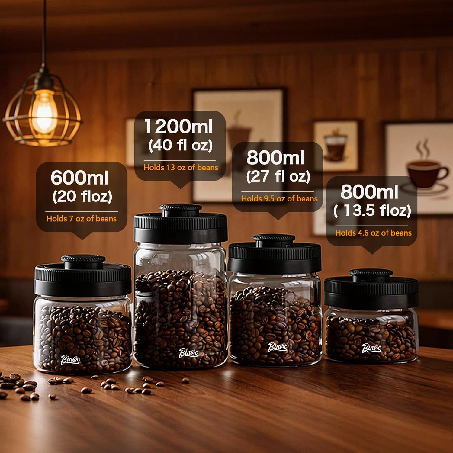 Bincoo Coffee Canister with Date Dial – Vacuum Seal Airtight Container for Coffee Beans – 0.8L Borosilicate Glass Jar with One-Button Air Pump – Kitchen Storage Canister for Coffee, Tea, Sugar