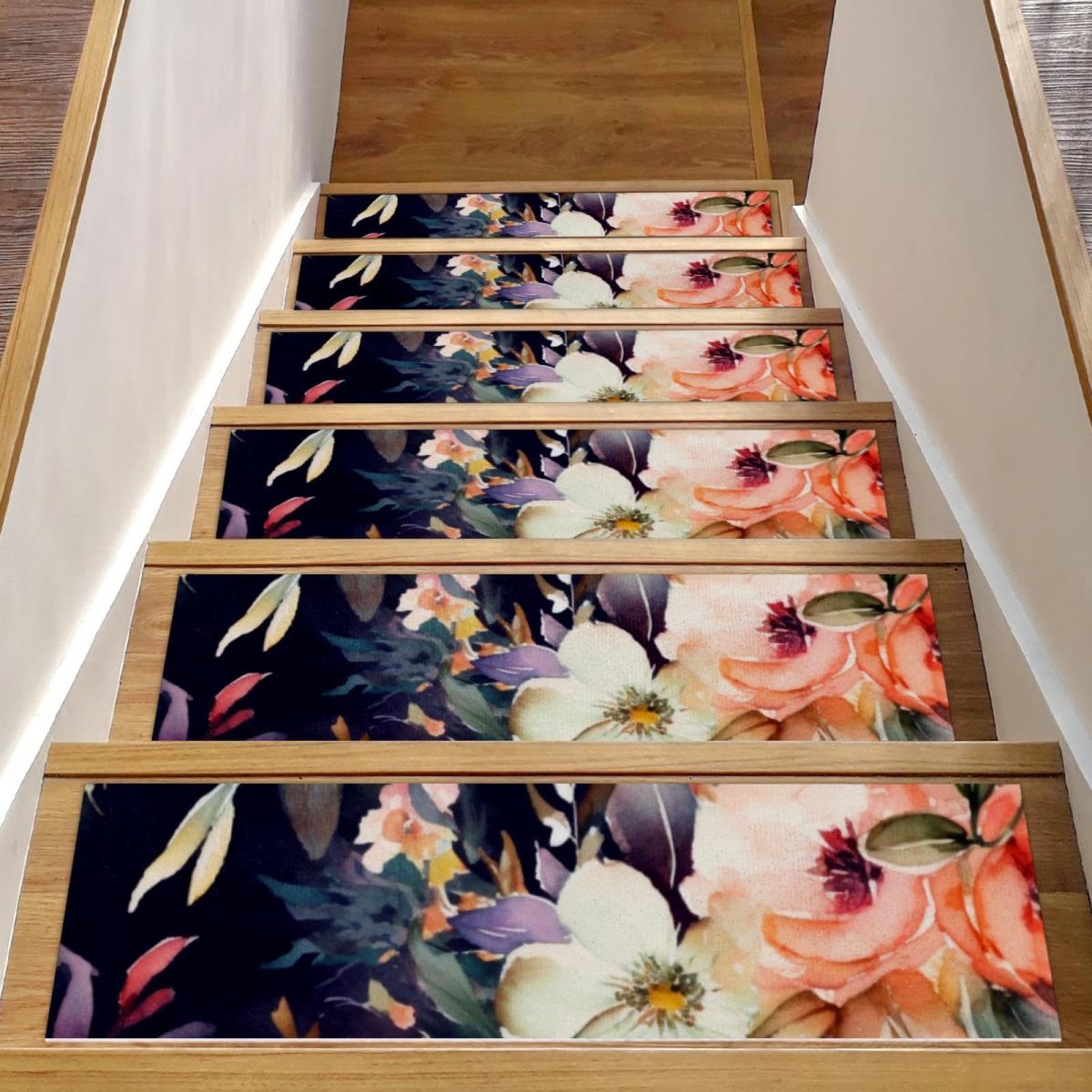 Marches d'escalier autocollantes lot de 15 tapis lavables motif floral 76x20 cm