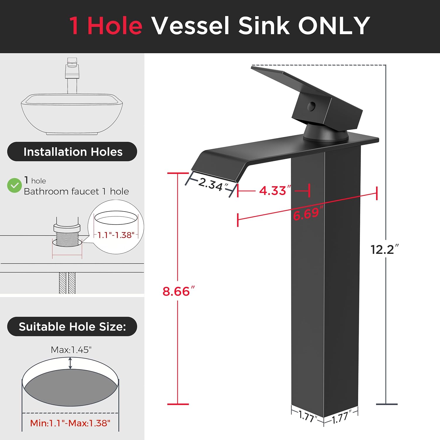 FORIOUS Matte Black Vessel Bathroom Sink Faucets 1 Hole, Tall Waterfall Bathroom Faucet Single Handle with Pop Up Drain and Supply Lines, Deck Mount