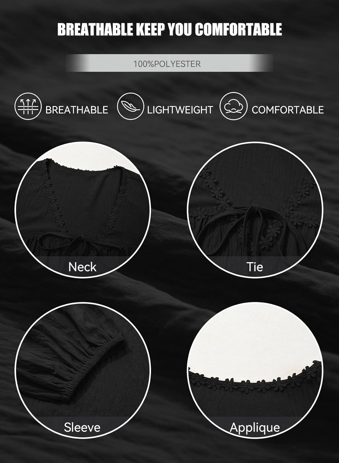 AlvaQ Womens Plus Size Tops Tie Front Long Lantern Sleeve V Neck Floral Applique Blouse Shirt L-4XL - Image 4