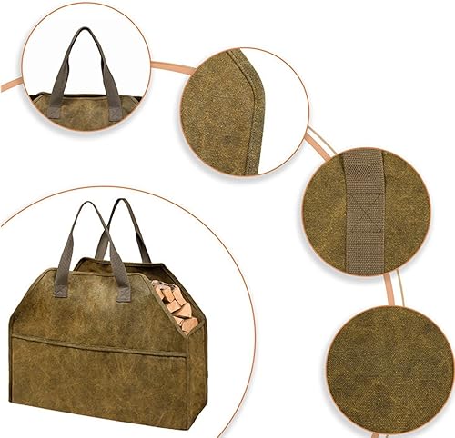 Miniatura 4 de belupai Bolsa de lona encerada para leña, bolsa grande de leña para chimenea, accesorios para estufa de leña, resistente a los arañazos, bolsa de
