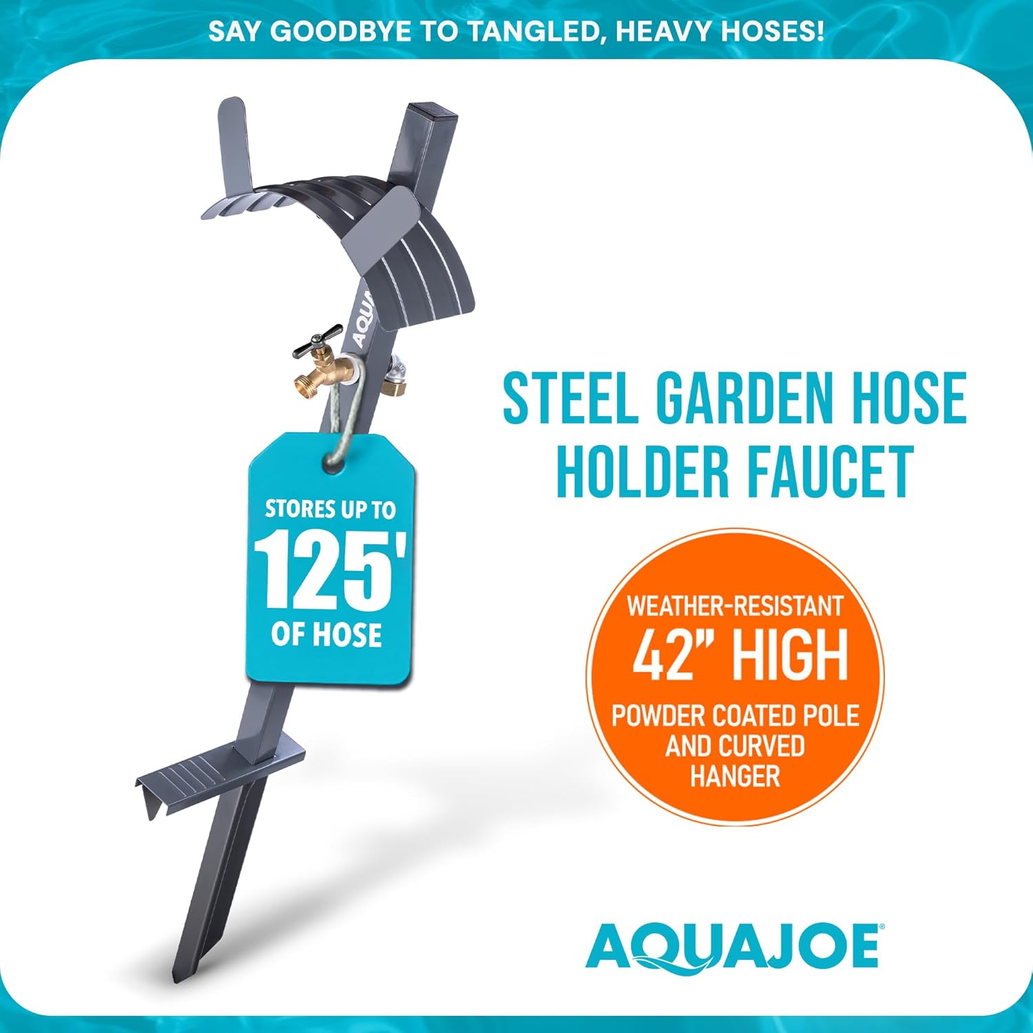 Aqua Joe Steel Garden Hose Stand with Brass Faucet and Quick-Install Anchor Base - Heavy-Duty Freestanding Holder for Outdoor Lawn, Yard & Garden Hose Storage, SJ-SHSBB-GRY
