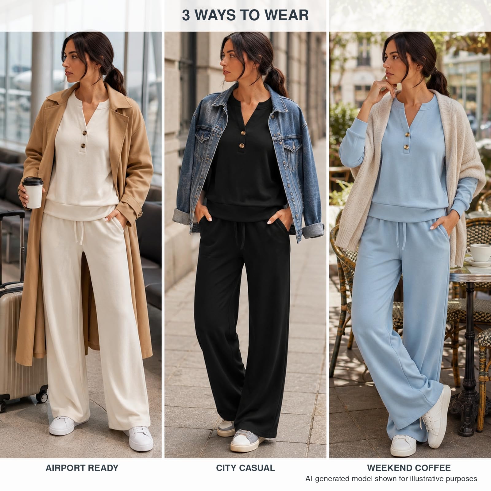 Generisch Conjunto de salón para mujer de dos piezas Henley con cuello en V