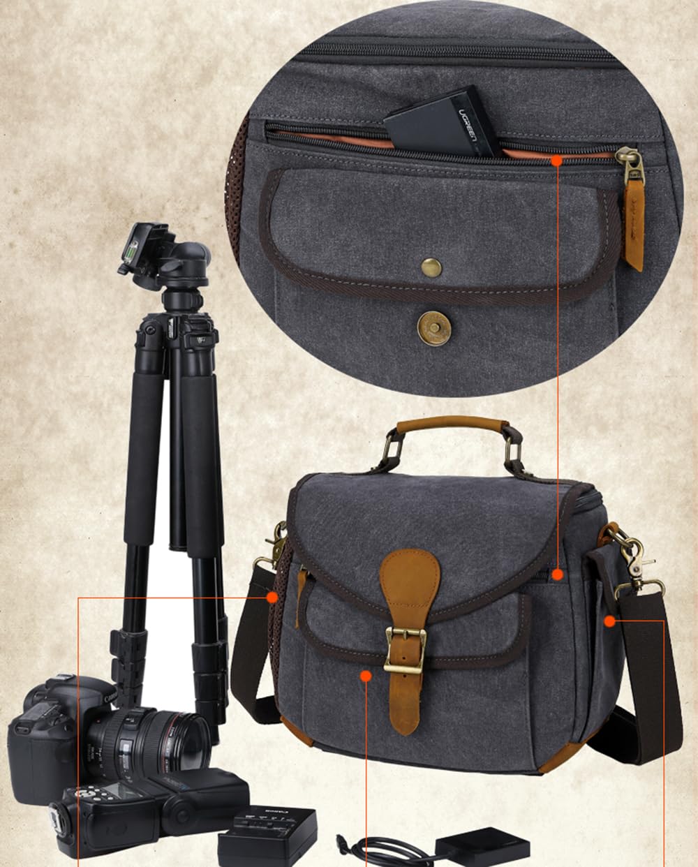 Borsa a tracolla in tela per fotocamera (Khaki)