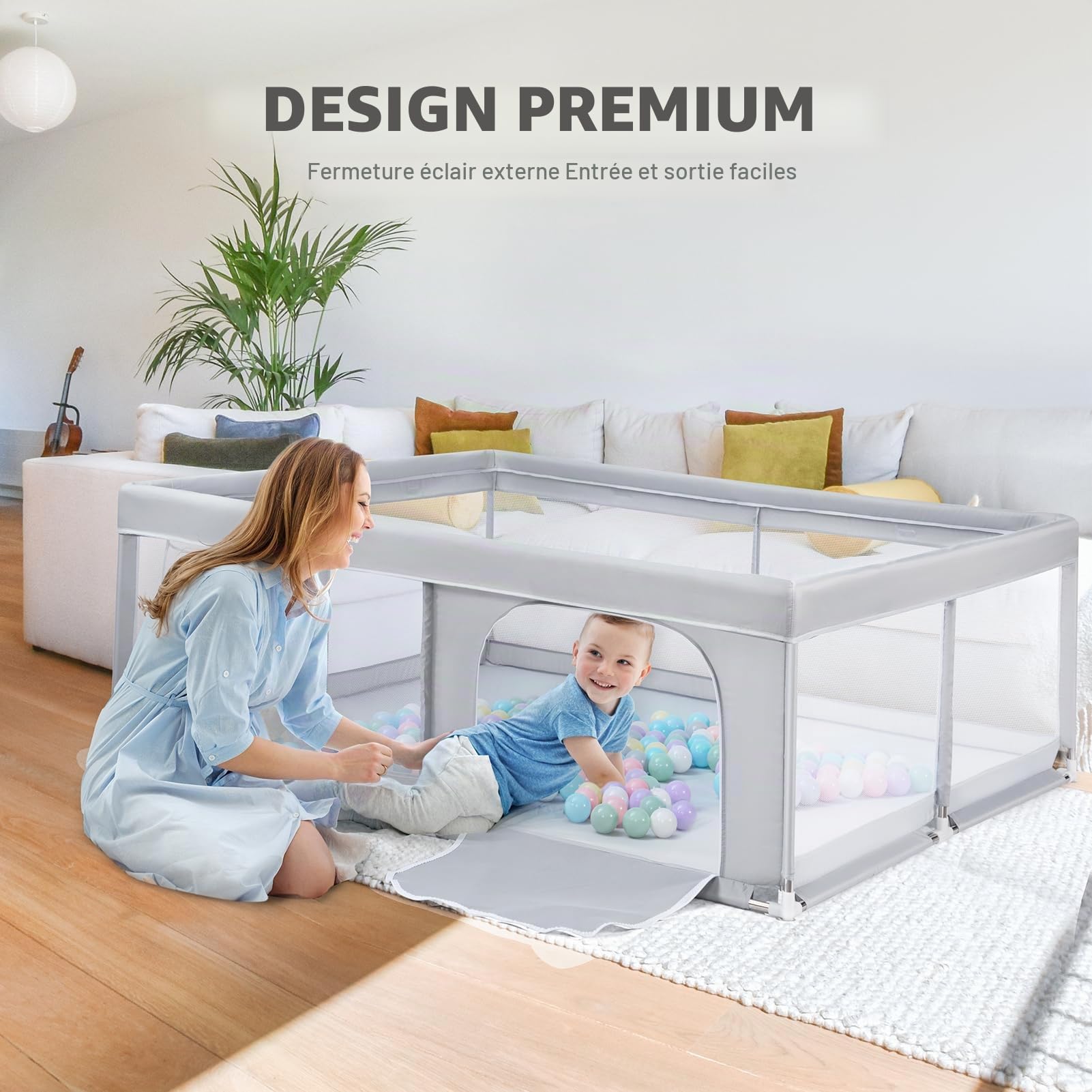 BEJOY Grand Parc pour Bébé, XXL 180x200cm Compact et Solide, Protection en Mousse, Parc de Jeu de Sécurité Antidérapant avec Porte à Fermeture Éclair Ronde en Maille Respirante Centre D'activités