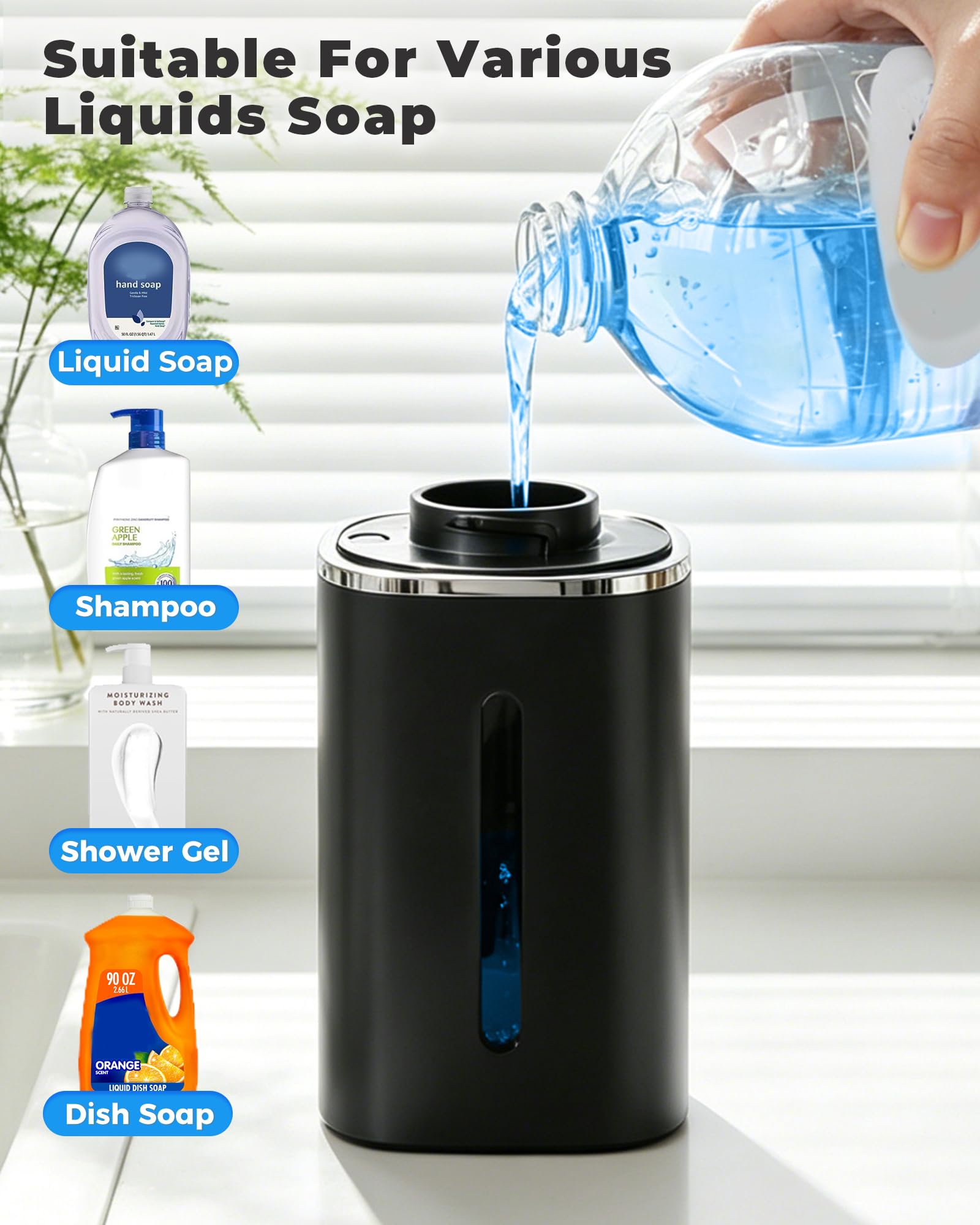Confezione da 2 dispenser automatico di sapone liquido, ricaricabile, livelli di liquido regolabili, IPX5, senza contatto e da parete/da tavolo, per cucina e bagno, nero