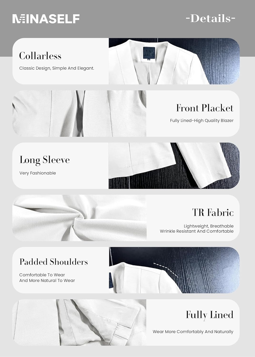 Mina Self 2026 Spring Women's Tweed Blazer Jacket - Collarless Open Front Fully Lined Elegant Fitted Fashion Casual Work Coat - Image 6