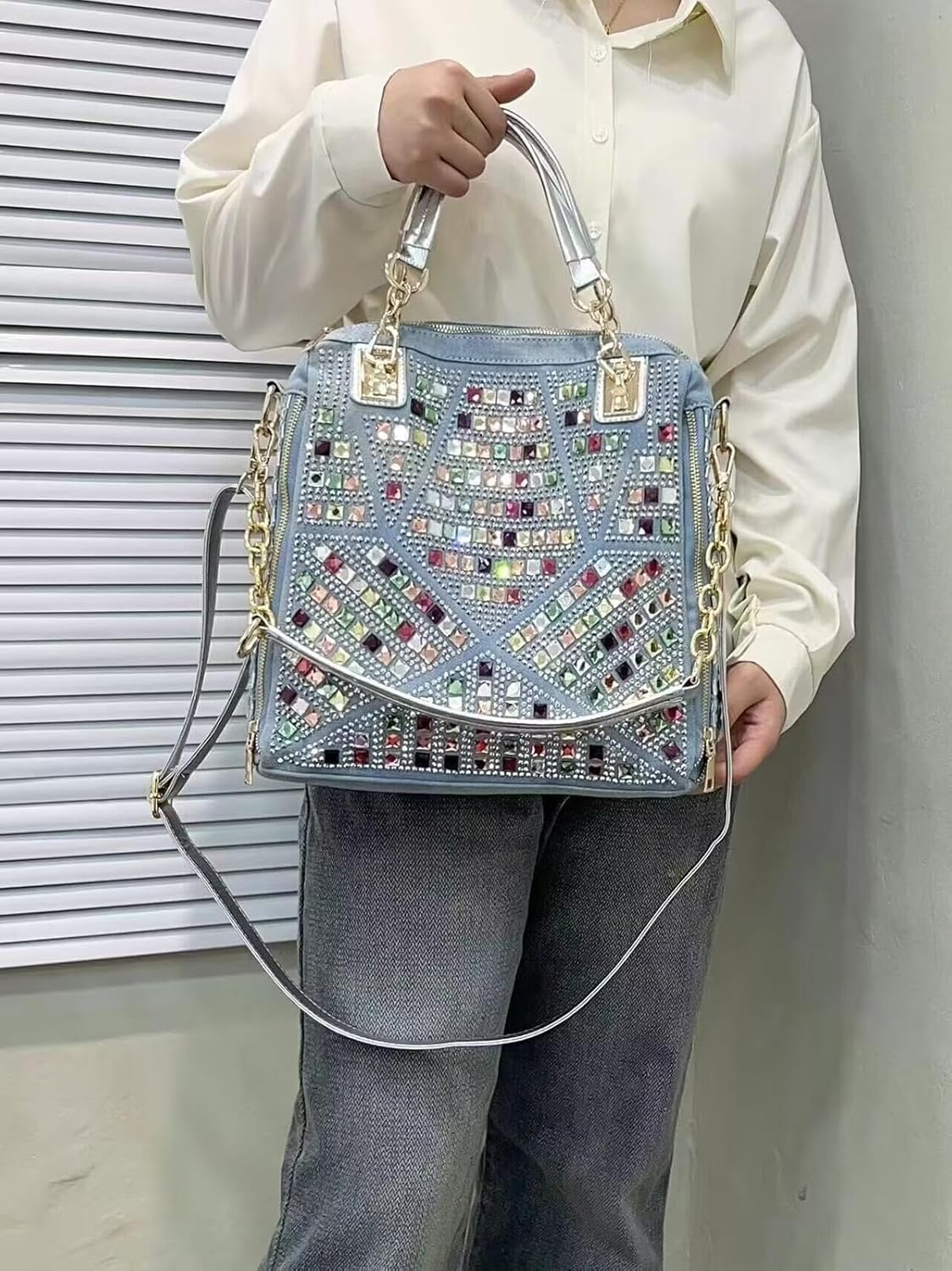 Bling Purses for Women Crystal Rhinestone Crossbody Bag Large Denim Jean Purses and Handbags - Image 2