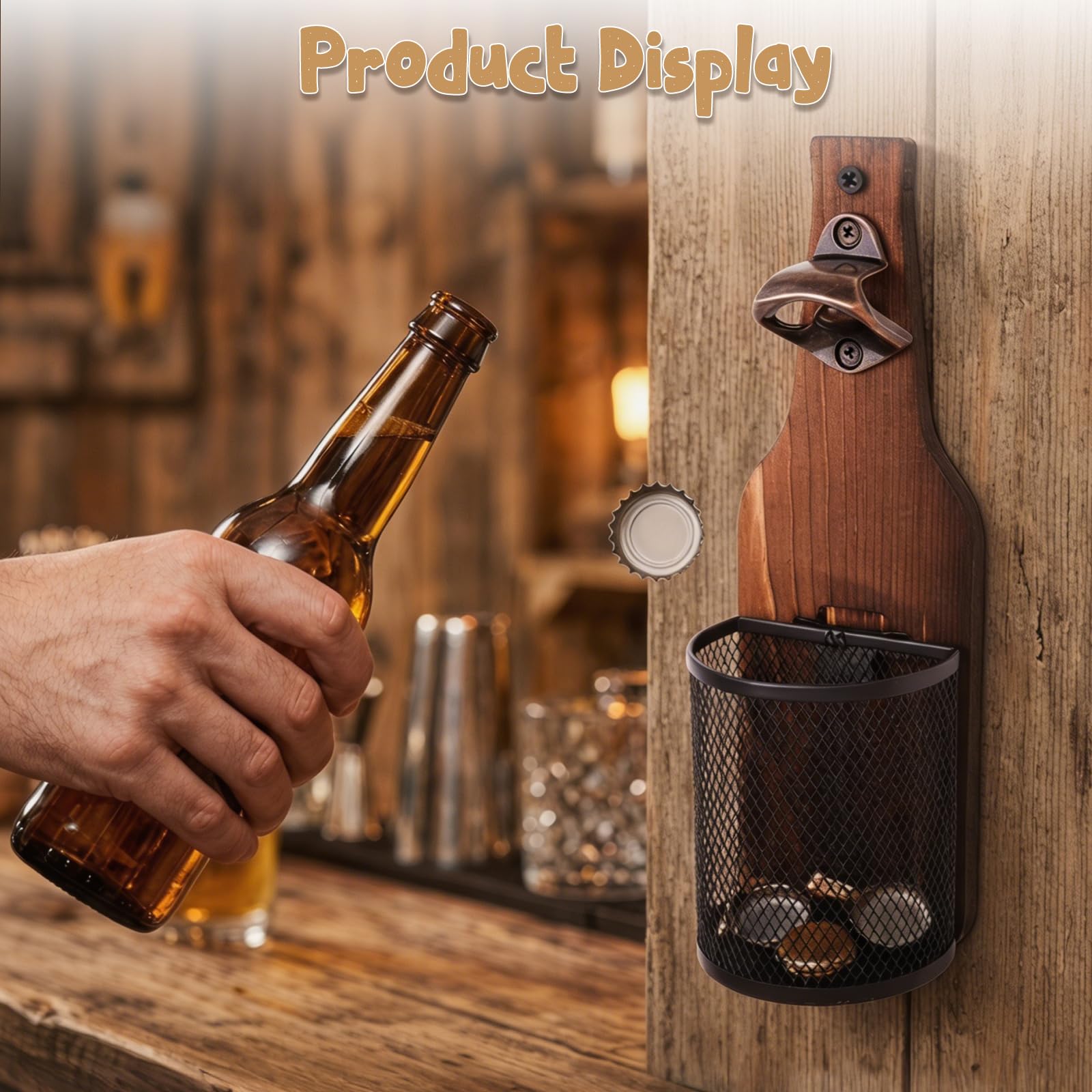 Abridor de botellas de madera vintage montado en la pared con colector de tapas