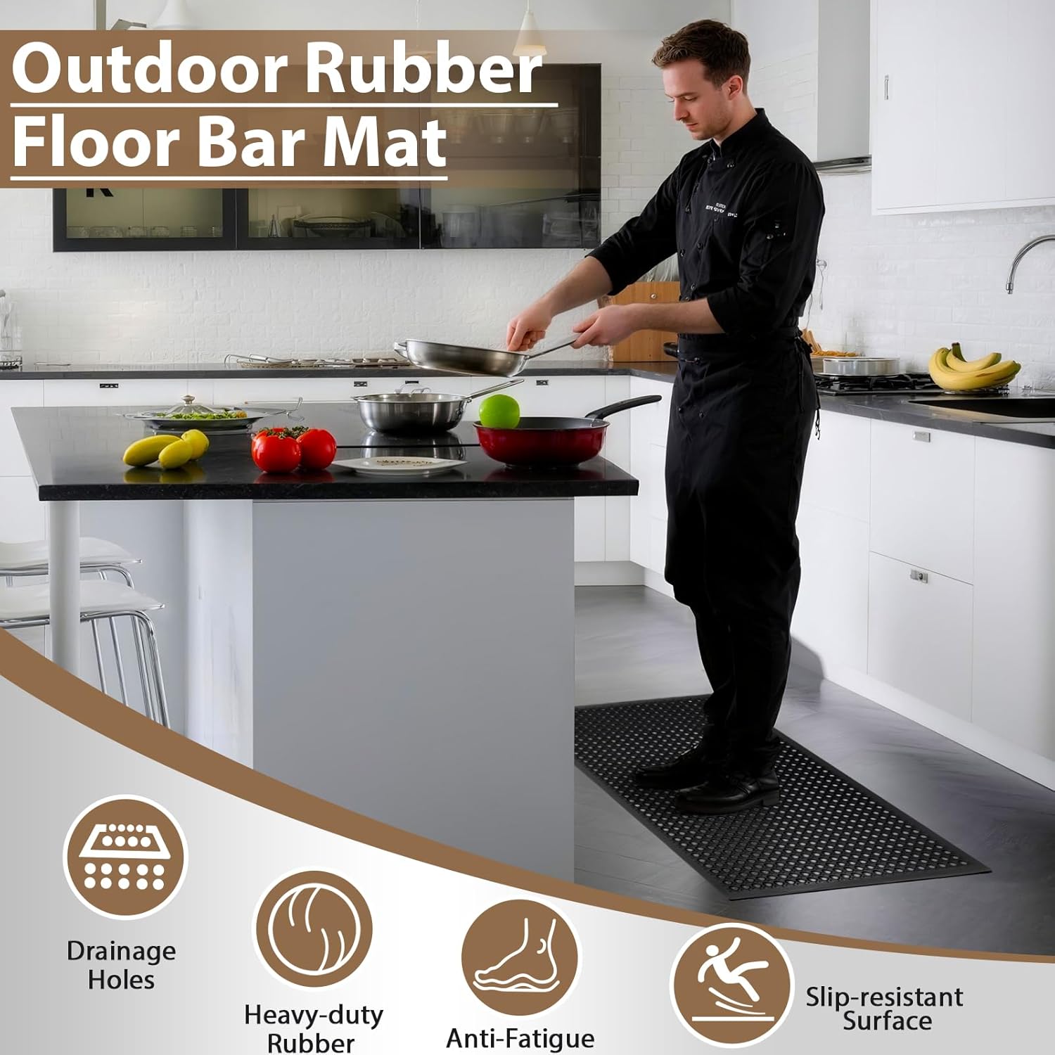 Restaurant Anti Fatigue Mat, Outdoor Rubber Floor Bar Mat, 36"X60" Non-Slip Kitchen Commercial Mat with Drainage for Garage, Entryway, Kitchen, Bar, Black