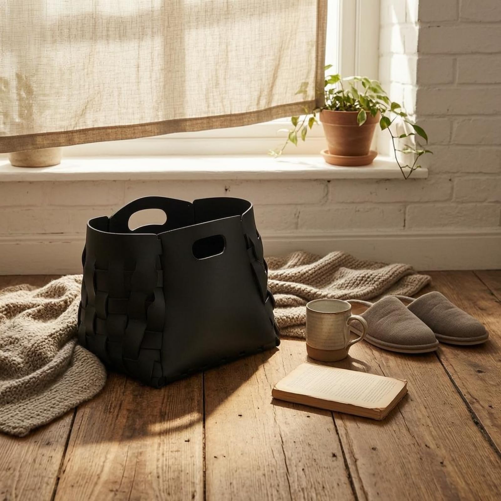 Cesto de Ropa Cesto de Almacenamiento Cesta Organizadora Cesta Plegable de Cuero con Asas Recortadas Adecuado para Ropa Juguetes Sala Hogar, Negro