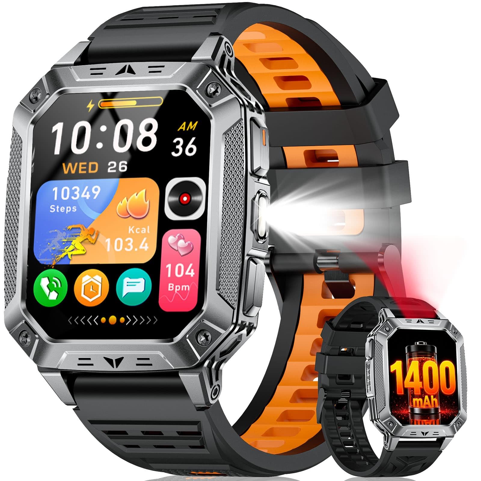 Montre Connectée Homme 1400mAh, 2.01'' Smartwatch avec LED Lampe, 110+ Modes Sportifs, Étanchéité IP68, Appels Bluetooth Smartwatch Militaire, Surveillance Cardiaque 24H,Sommeil, SpO2, Android/iOS