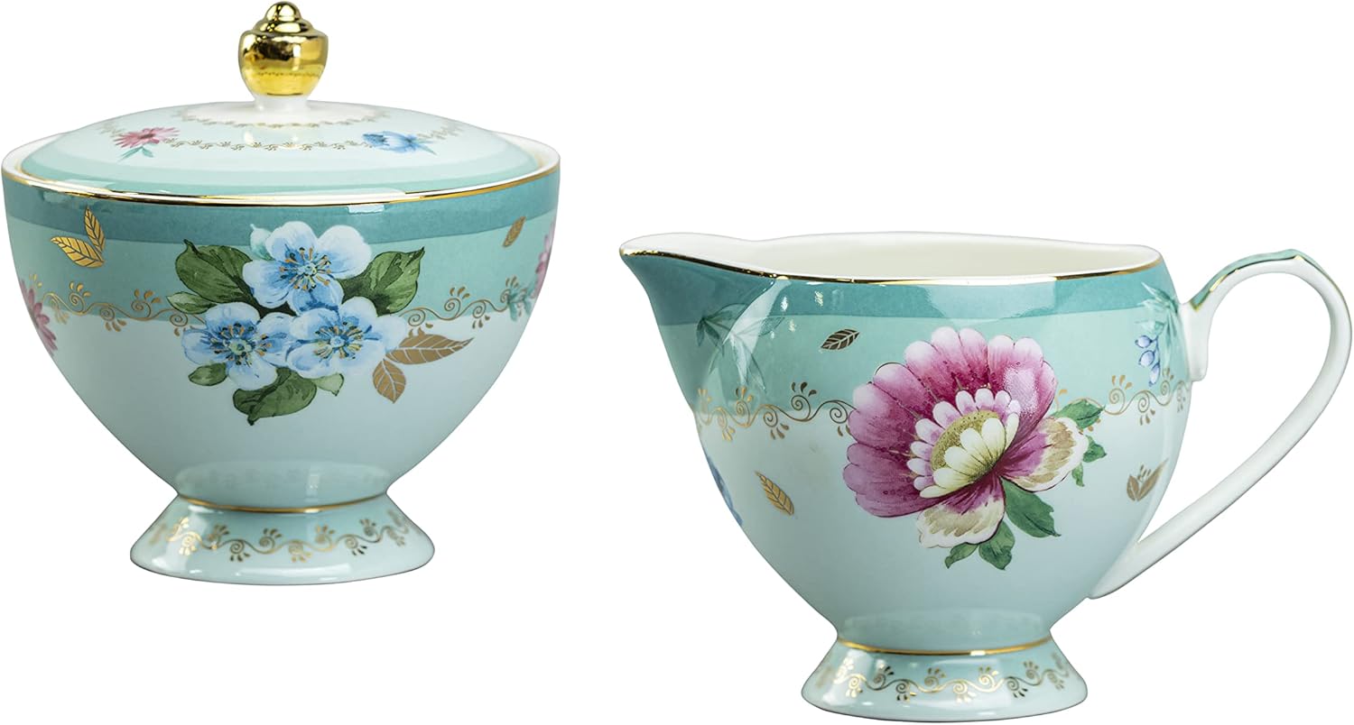 Gracie China Fantastic Green Porcelain 3-Piece Sugar, Creamer And Tray Set