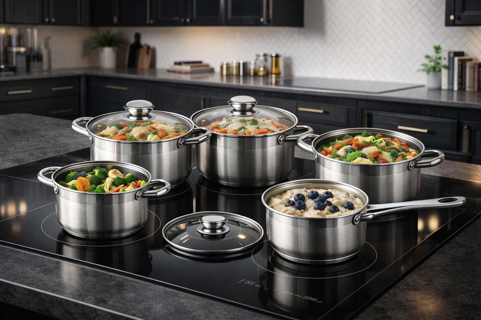 Topfset Induktion 7-teilig, Edelstahl satiniert, für alle Herdarten, Kochtöpfe mit Glasdeckel, Induktions Töpfe Set, Topf Set, Kochtopfset,