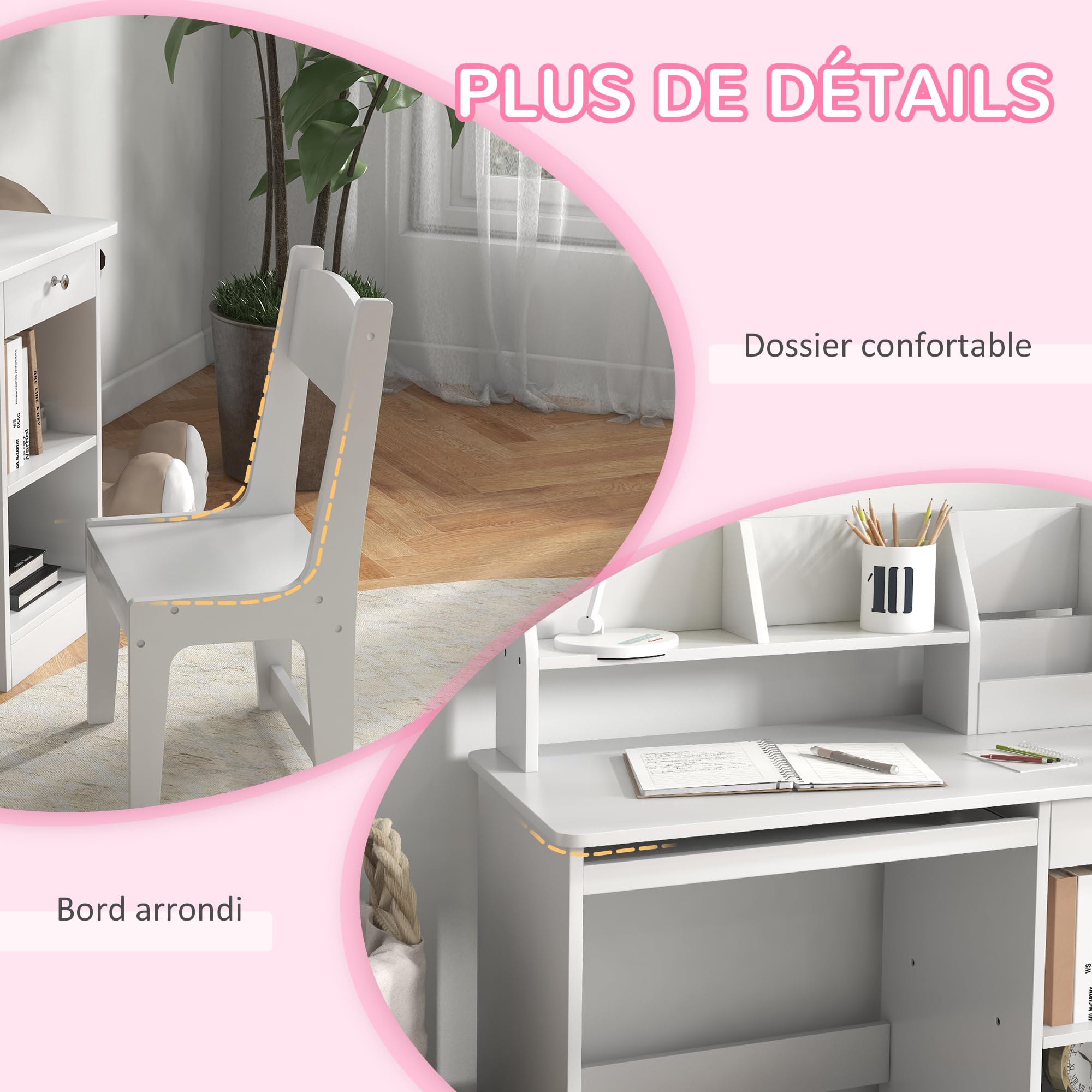 ZONEKIZ Bureau Enfant avec Chaise Ergonomique, Table Enfant et Chaise avec 2 tiroirs, étagères Ouvertes et niches, Table pour l'étude, Le Travail et l'écrire, 90 x 45 x 90 cm, Blanc