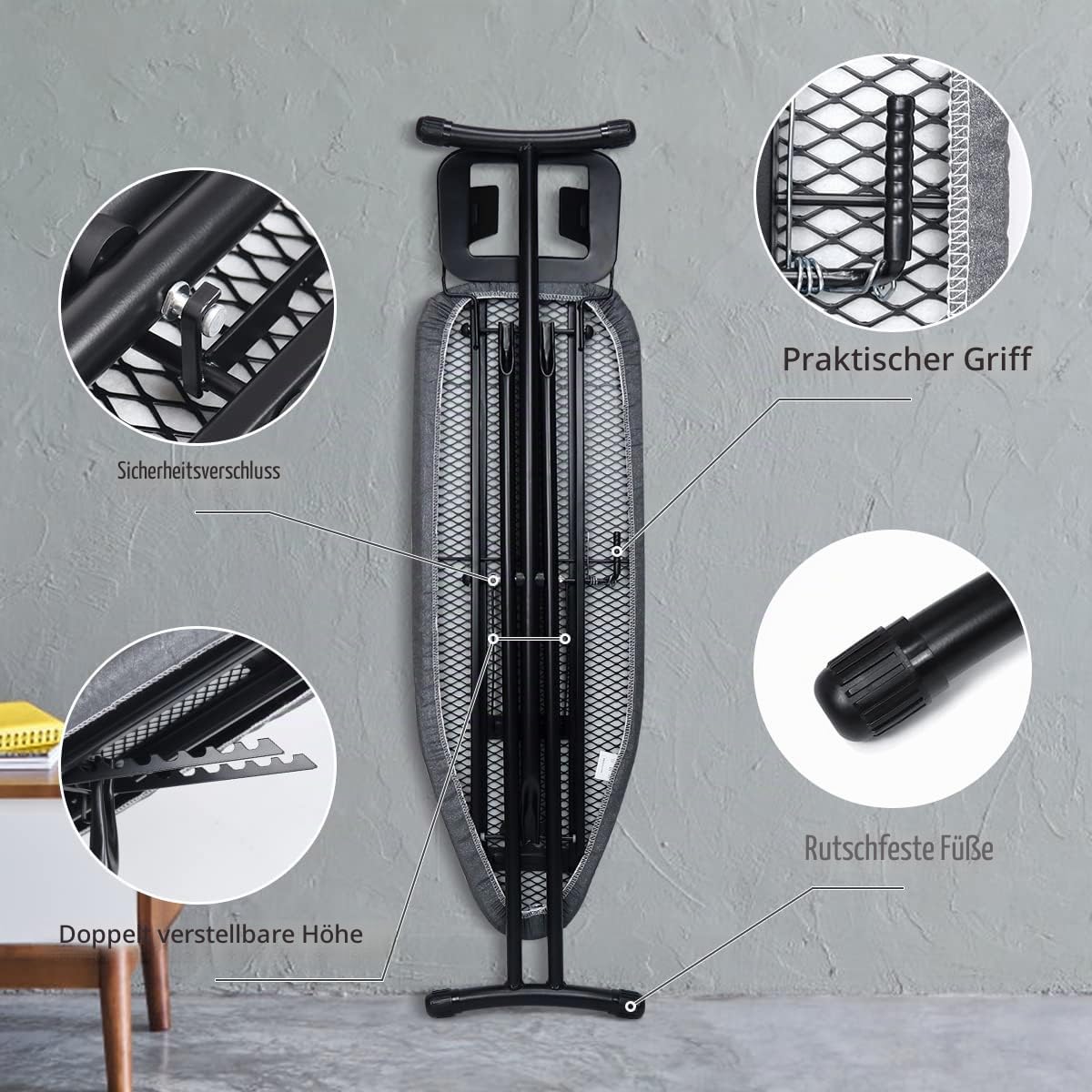 Duwee Kompaktes Bügelbrett mit hitzebeständigem Bezug, faltbares Bügelbrett mit Bügeleisenablage, höhenverstellbar, Starke Beine, Schwarz, 33 x 96 cm | Schwarze Bügelbretter mit hitzebeständigem Bezug, Bügelbrett mit verstellbarer Höhe