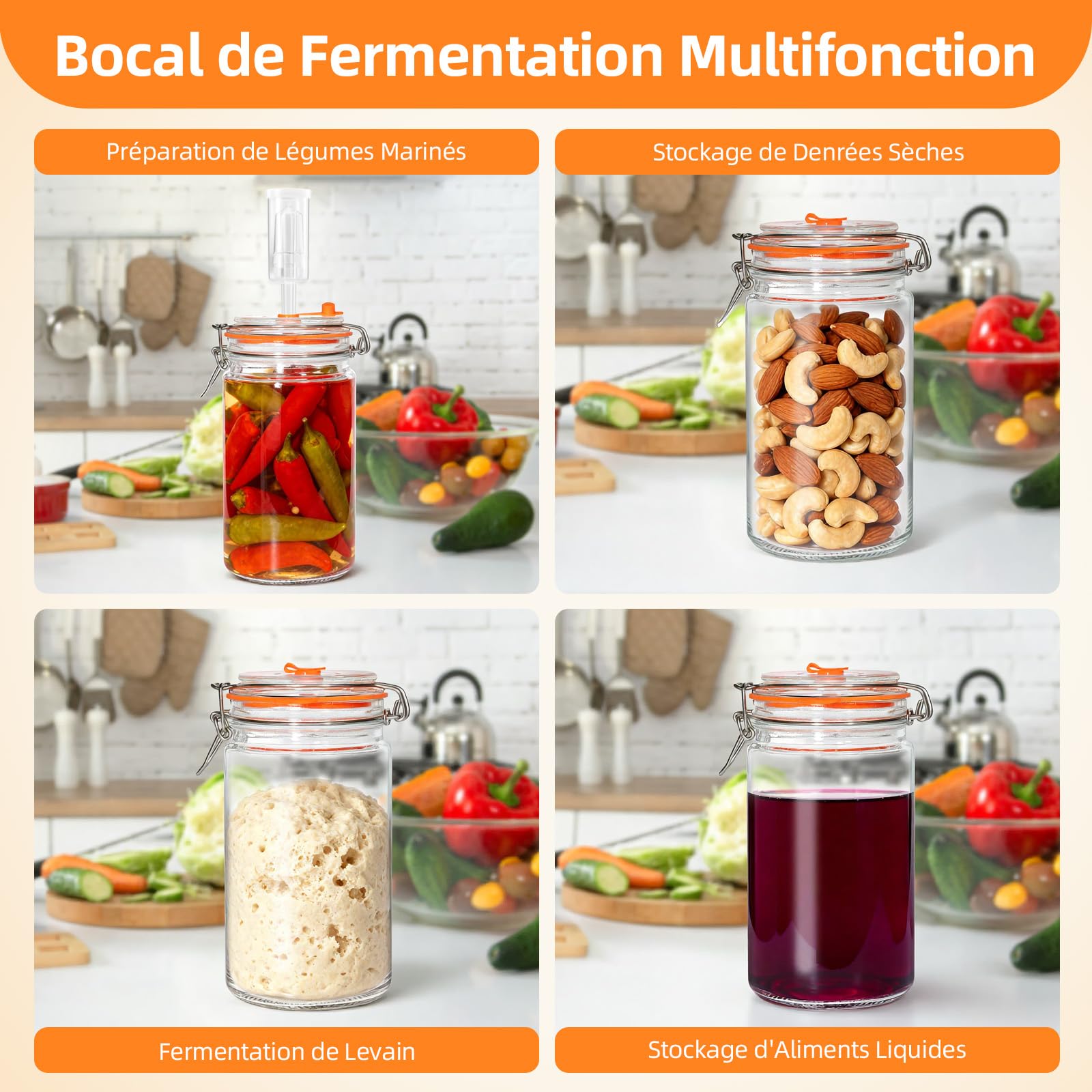 Kit de 2 Bocaux de Fermentation 1,5L avec Poids en Verre - Récipient pour Kimchi, Choucroute, Kombucha & Légumes Marinés - Inclus 2 Bocaux et 2 Poids