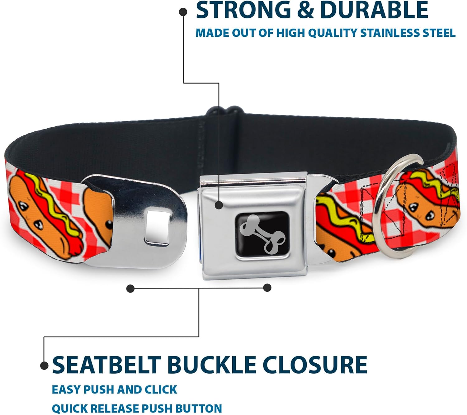 Buckle-Down Seatbelt Buckle Dog Collar - Hot Dogs Buffalo Plaid White/Red - 1" Wide - Fits 15-26" Neck - Large (DC-W30860-L)