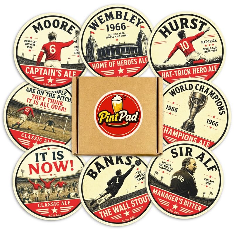 England World Cup 1966 Inspired Beer Mats – Pack of 8 Vintage Pub Style Coasters – Football Fan Gift for Home Bar, Man Cave & Games Room – 95mm Drinks Coaster Set