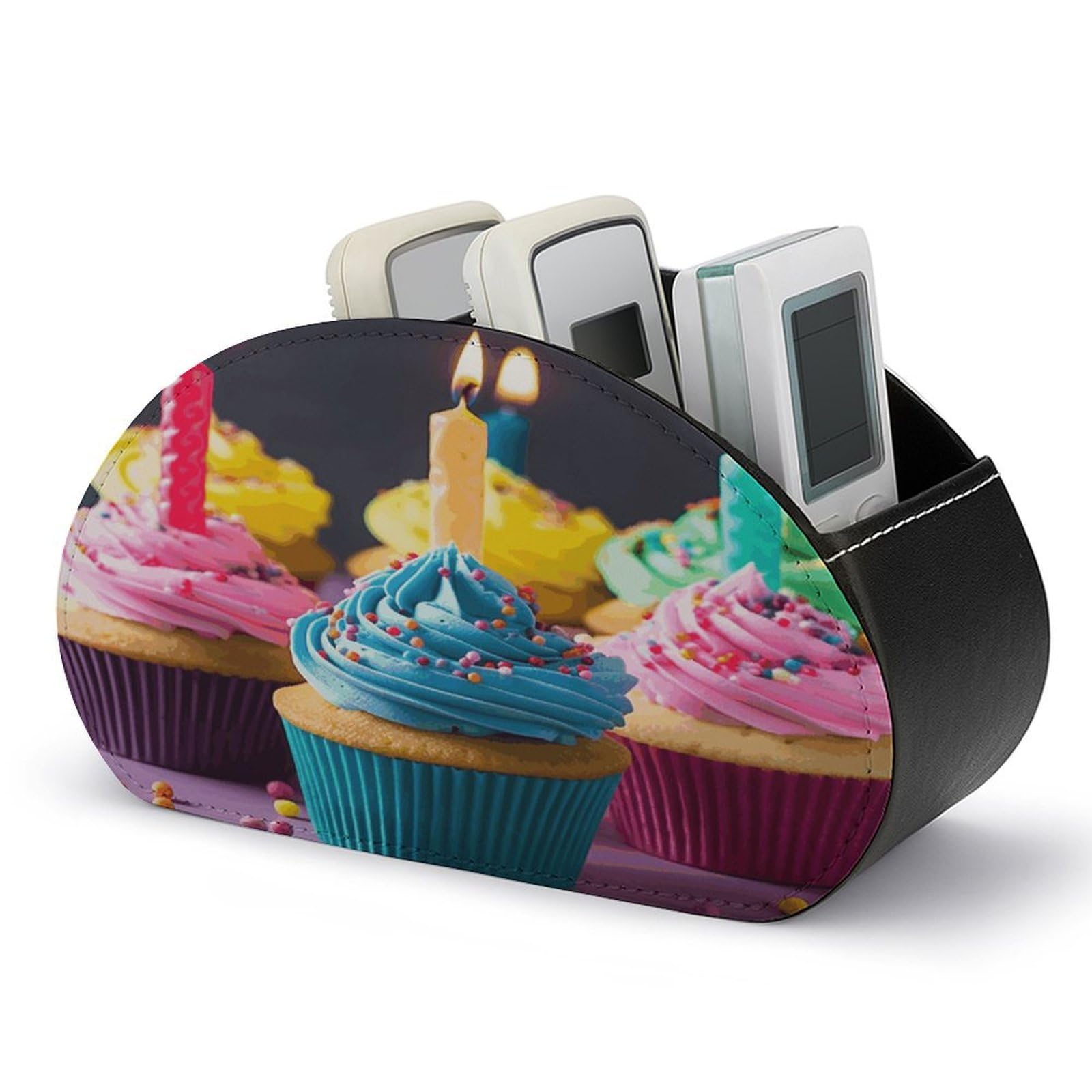 VstaDank Colorful Happy Birthday Cupcakes Remote Control Holder with 5 Compartments PU Leather Remote Caddy Desktop Organizer Store TV Remote Control Storage Box for Home Office Desk Nightstand