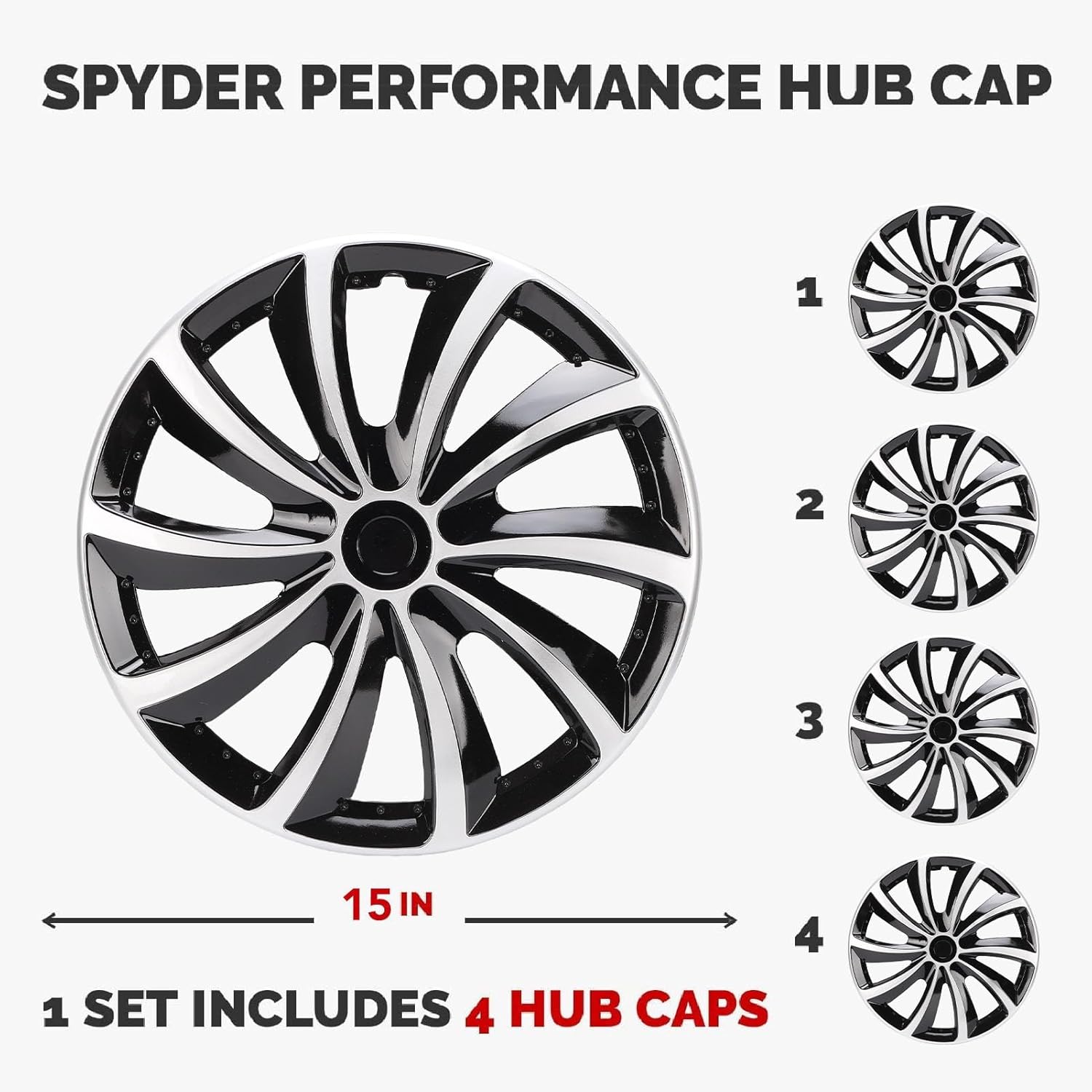 Jiawu Hubcaps Wheel Covers, 15 Inch Hubcaps Set of 4, Replacement R15 Size Hub Cap, Universal Fit Steel Wheel Rim Caps for 500, On Direct (Silver Black)